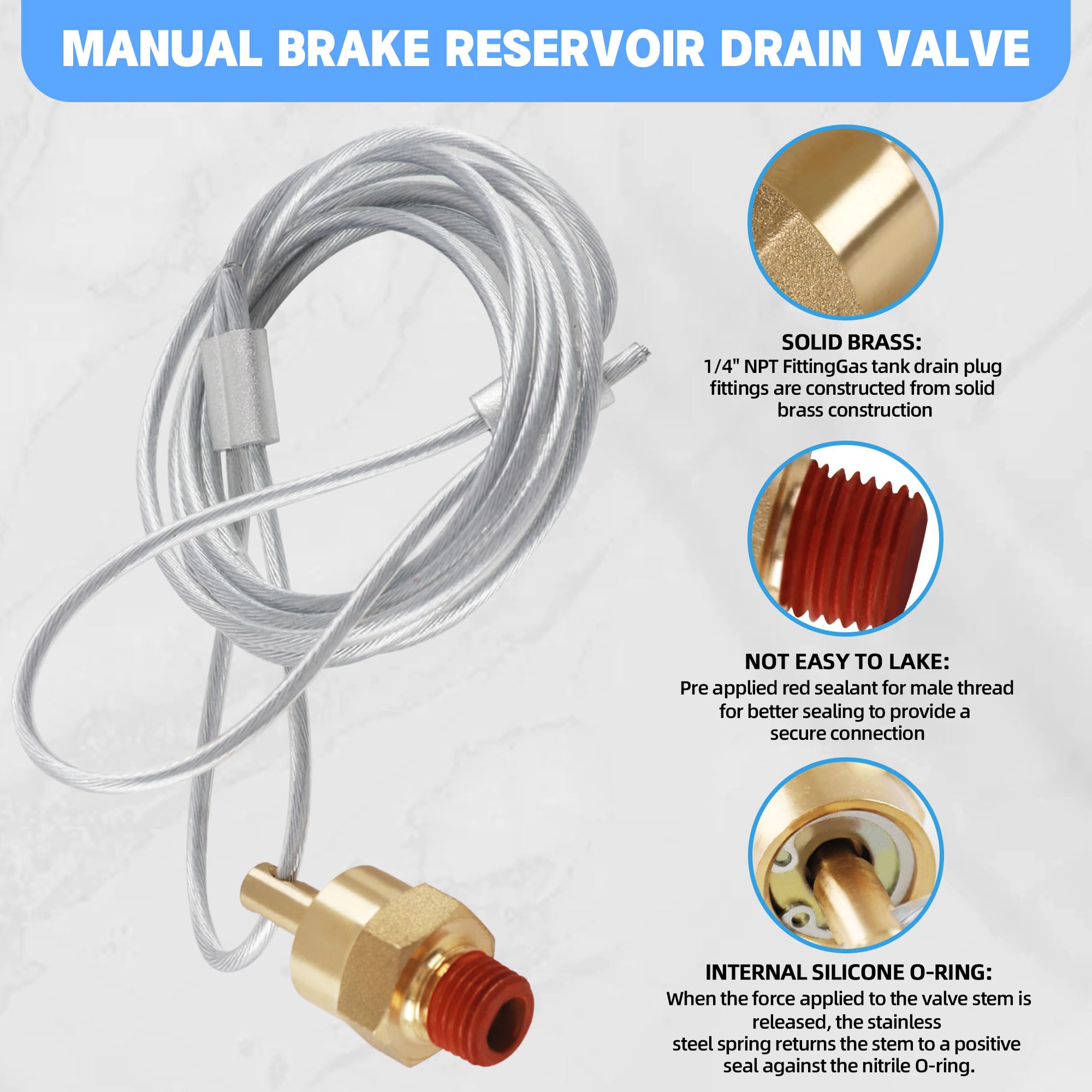 Brass Air Tank Drain Valves - 4 Pack with Cable -2