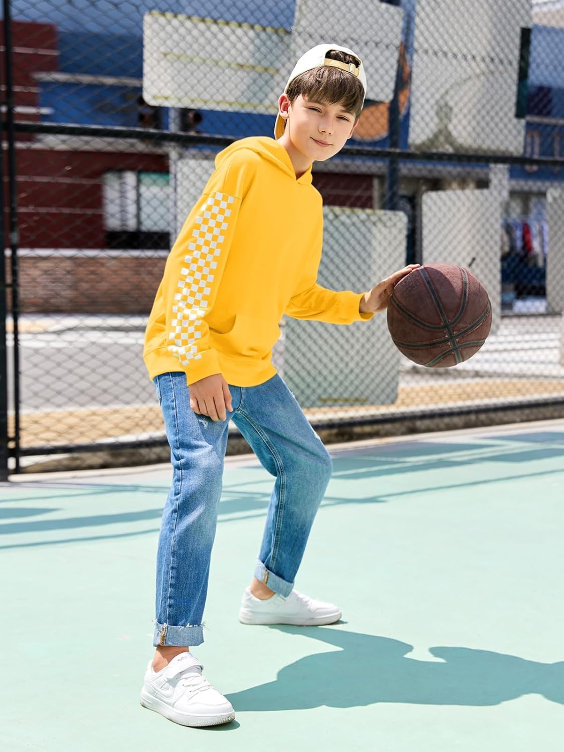 Haloumoning Girls Hoodies Kids Boys Fashion Plaid Long Sleeve Hooded Sweatshirt with Kangaroo Pocket 5-14 Years Yellow 13-14 Years image 5 of 5 B0FFGXCK4H