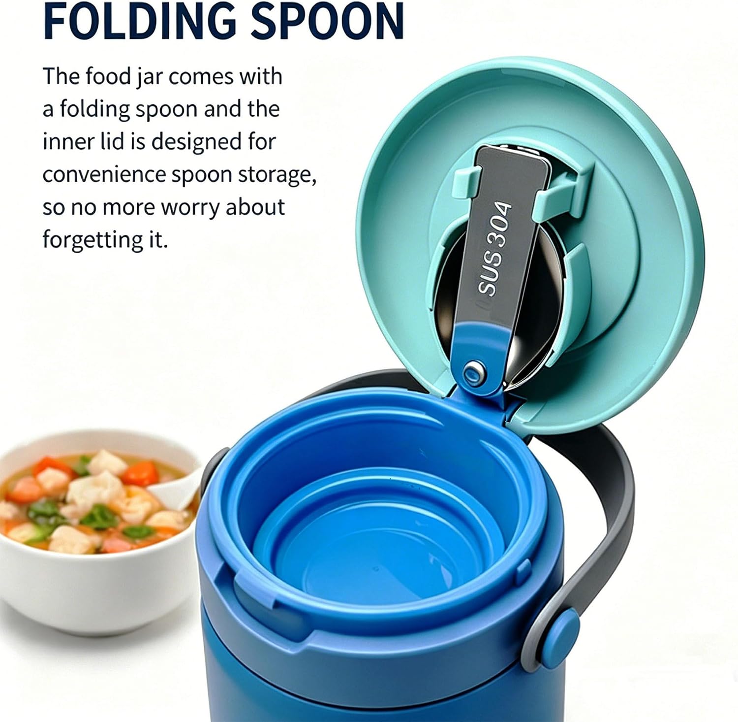 16oz Vacuum-Insulated Food Jar with Foldable Spoon, Blue