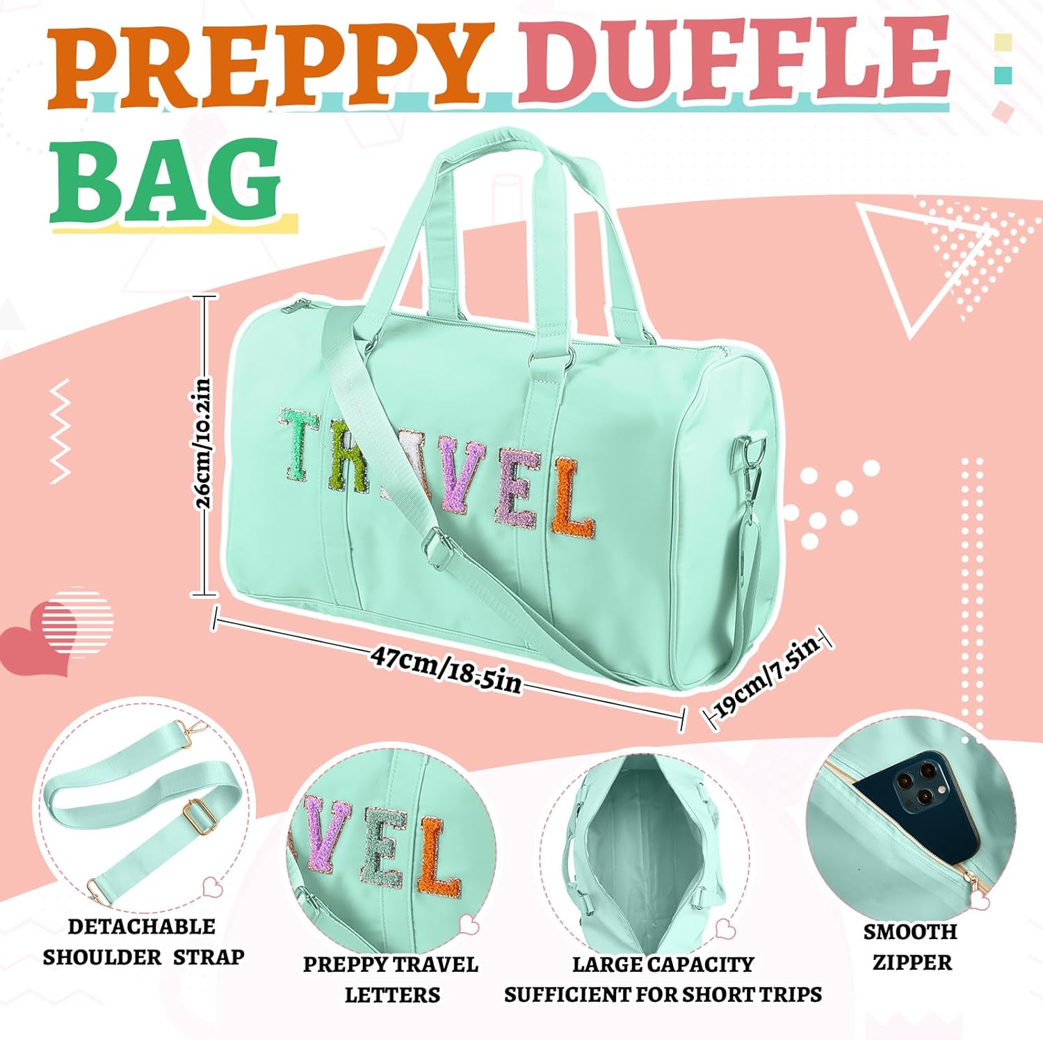 Shinylin 2 Pcs Travel Preppy Duffle Bag and Chenille Letter Makeup Pouch Cosmetic Zipper Patch Weekender Carry on Tote Bag for Women(Mint Green)