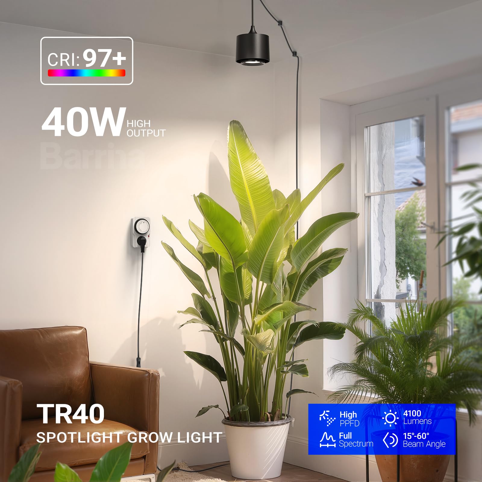 Barrina TR40 Hänge-Grow Lampe für Zimmerpflanzen, 40W, Vollspektrum 4000K | Verstellbarer Abstrahlwinkel (15°–60°), Hoher PPFD, Pflanzenlampe mit Timer, für den Indoor-Anbau Großer Pflanzen