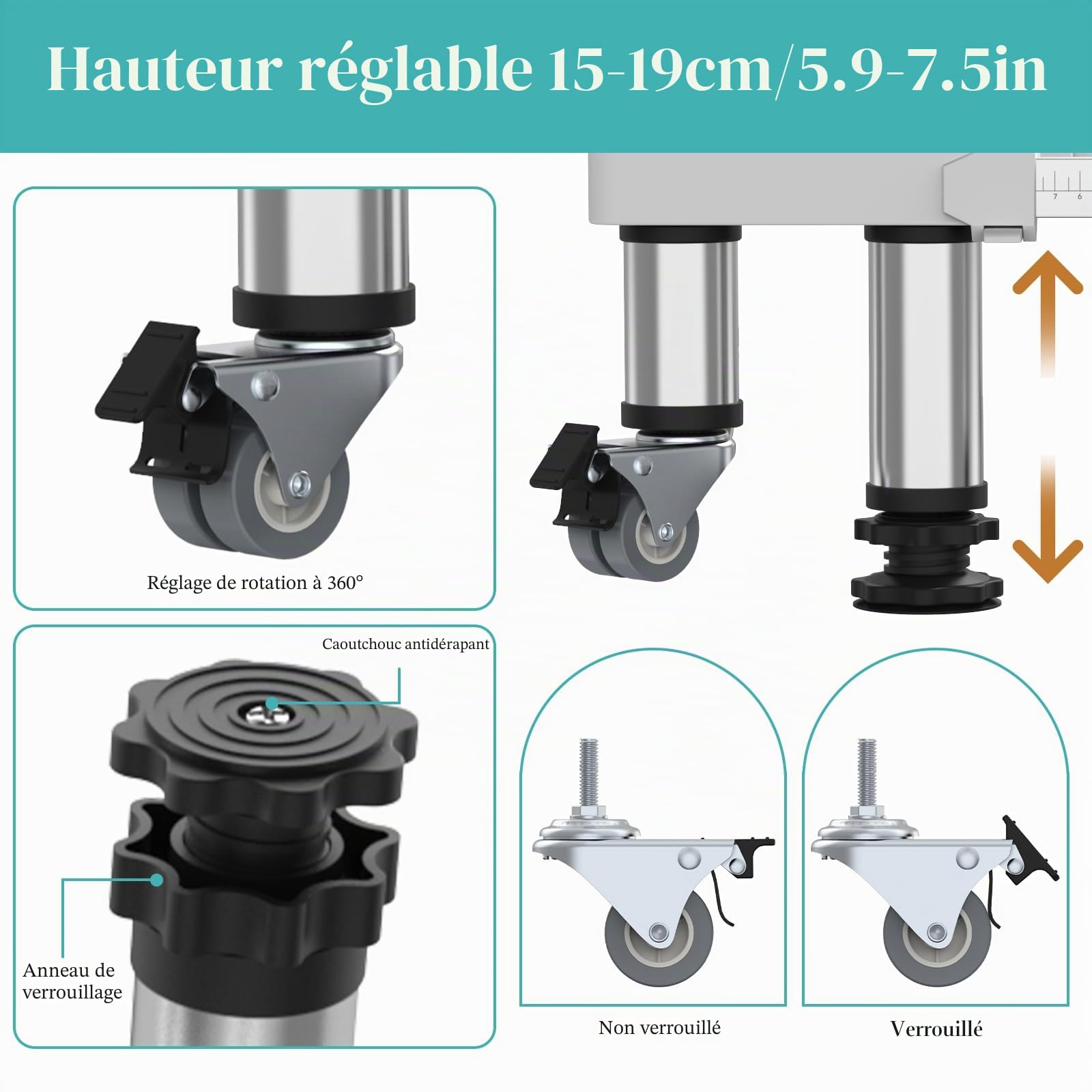 DEWEL Base de Réfrigérateur Réglable longueur 41–59 cm hauteur 16-20 cm Base de Réfrigérateur pour Sèche-linge Frigo Lave-vaisselle avec 4 pieds et 4 roues, Charge 300 kg