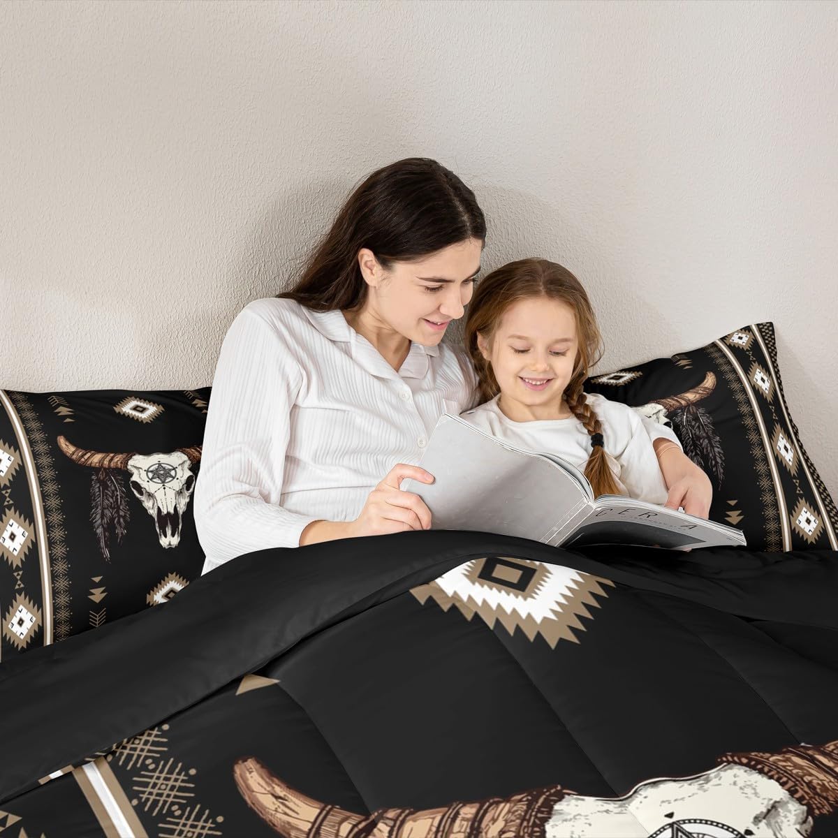 Feelyou Boys Girls Western Bull Skull Bedding Set Queen Size, Southwestern Aztec Comforter Set Kids Boho Tribal Comforter Ethnic Bohemian Rustic Country Teens Duvet Set with 2 Pillow Case - Image 6
