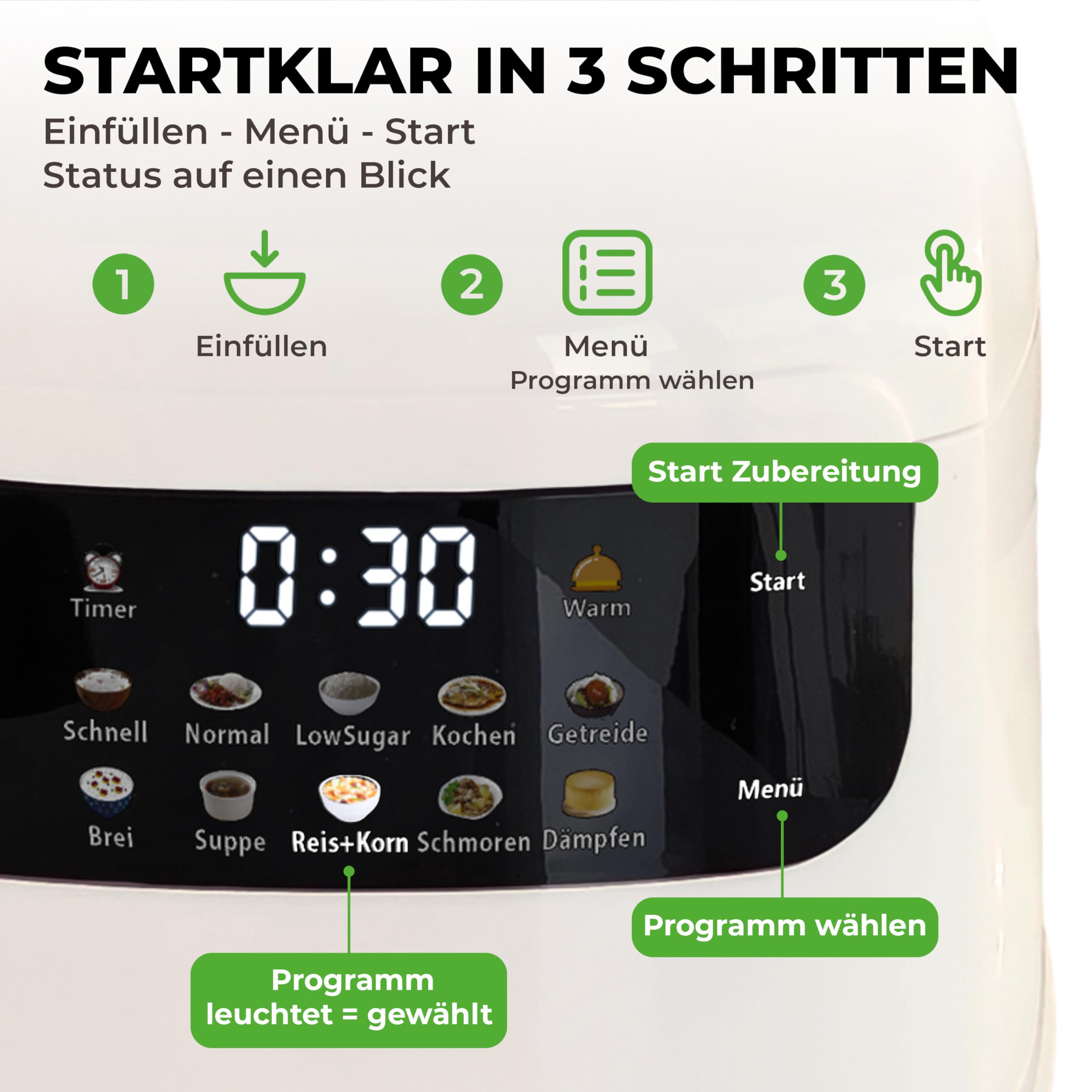 Mini Reiskocher kleiner Multikocher 0,8L 3,5 Cup/1-4 Portionen, 10 Programme für ALLE Reissorten inkl. stärkereduzierter Basmati Vollkorn Getreide Dampfgarer Brei Suppe Schmoren (cremeweiß, 0,8 Liter)