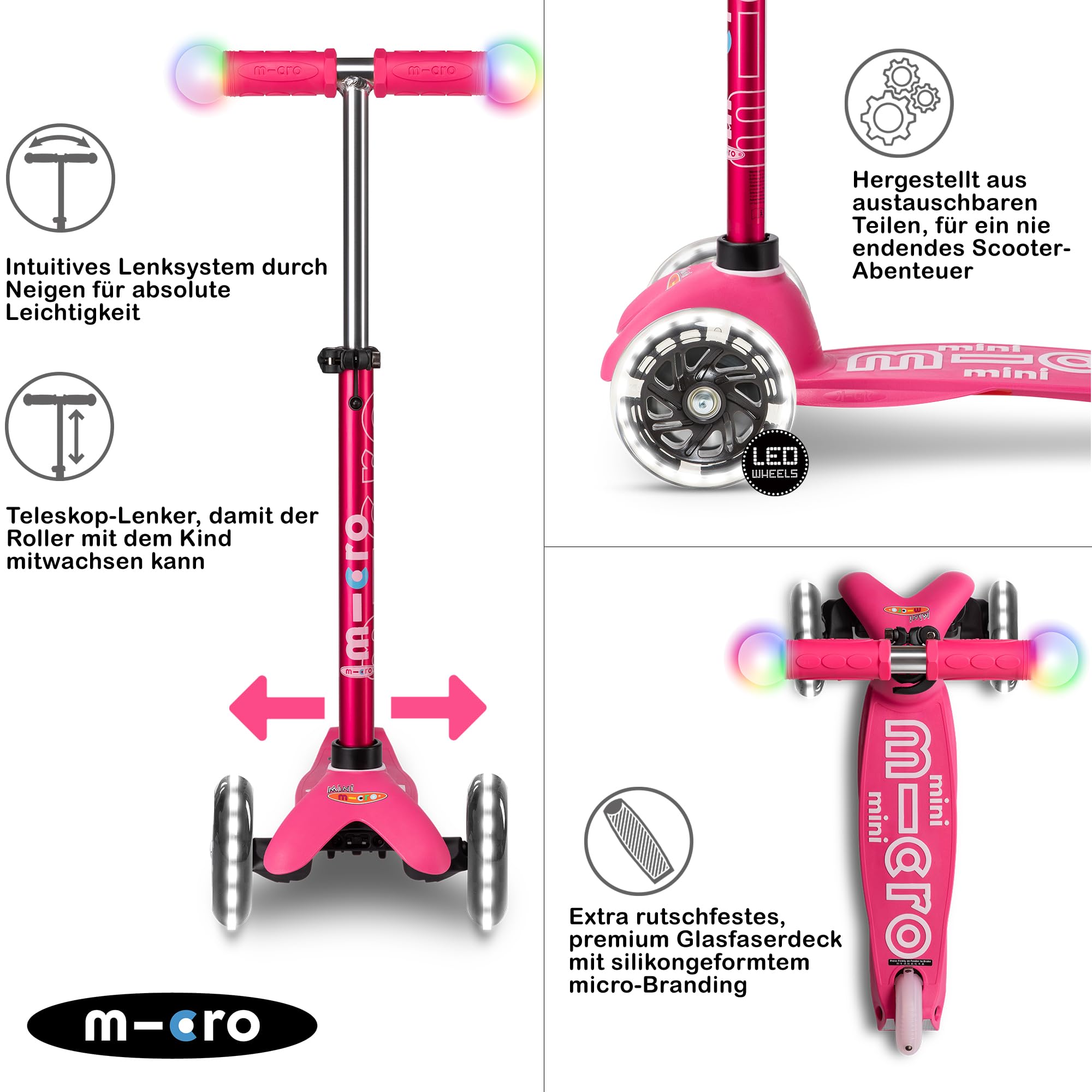 micro™ Mini micro Deluxe Magic 3in1 | Höhenverstellbar & Mitwachsend | Das ORIGINAL | Kinderroller ab 1 Jahr | Inklusive LED Rollen, Griff & Sitz | Jungs & Mädchen 1-6 Jahre
