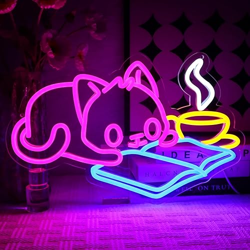 OYCGZV Reading Cat Neon Sign for Wall Decor - Pink Cat Neon Light Cute Animal Dimmable USB Led Sign for Bedroom Living Room Home Decor Caffee Bar Classroom Read Corner Book Club - Cat Multicolour