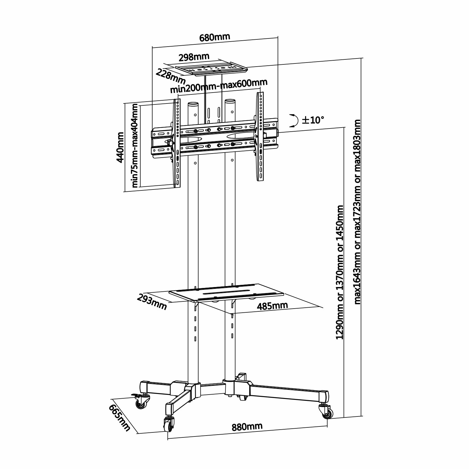 AISENS FT70TE-035 - Soporte de Suelo para Monitor/TV de 37"-70" (con Rueda y Bandeja para DVD) Color Negro