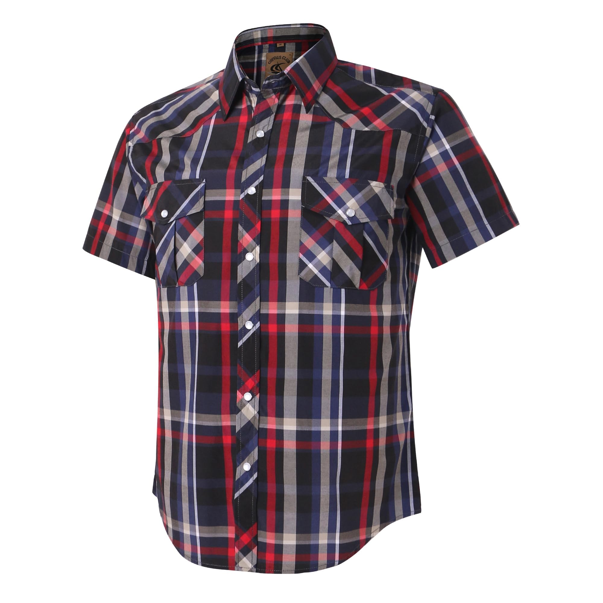 Dctop Herren Western-Kurzarmhemd, Kariertes Cowboyhemd mit Perldruckknöpfen und Brusttaschen, Button-Down-Kragen, pflegeleicht & faltenfrei, Regular Fit Sommer Freizeithemd