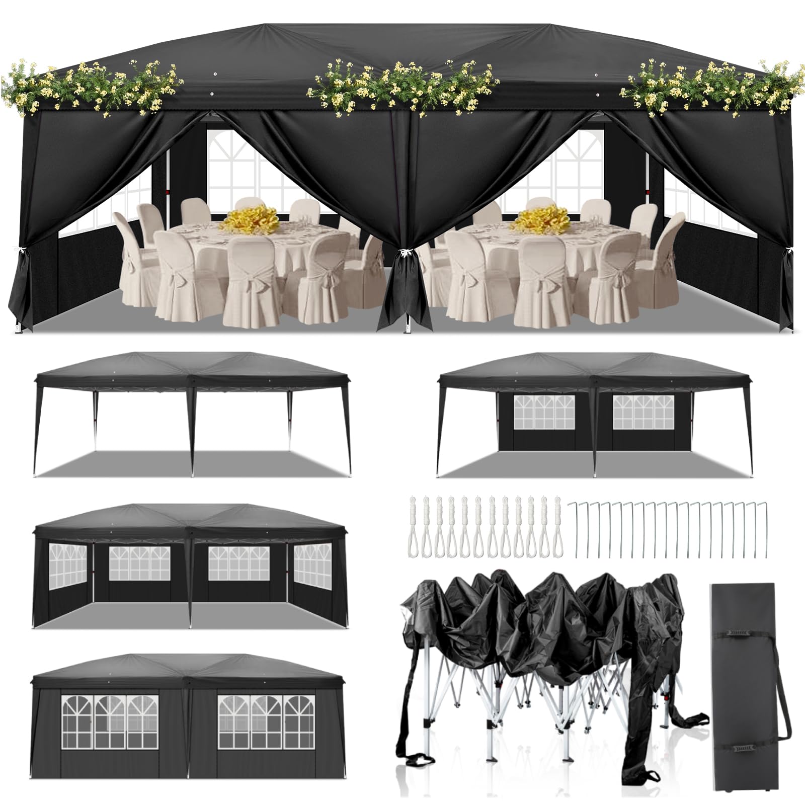 LEADZM Cenador plegable de 3 x 6 m, altura regulable, protección UV 50+, para jardín, fiesta, marco de acero, con 4 paneles laterales, para jardín, fiesta, camping (negro)