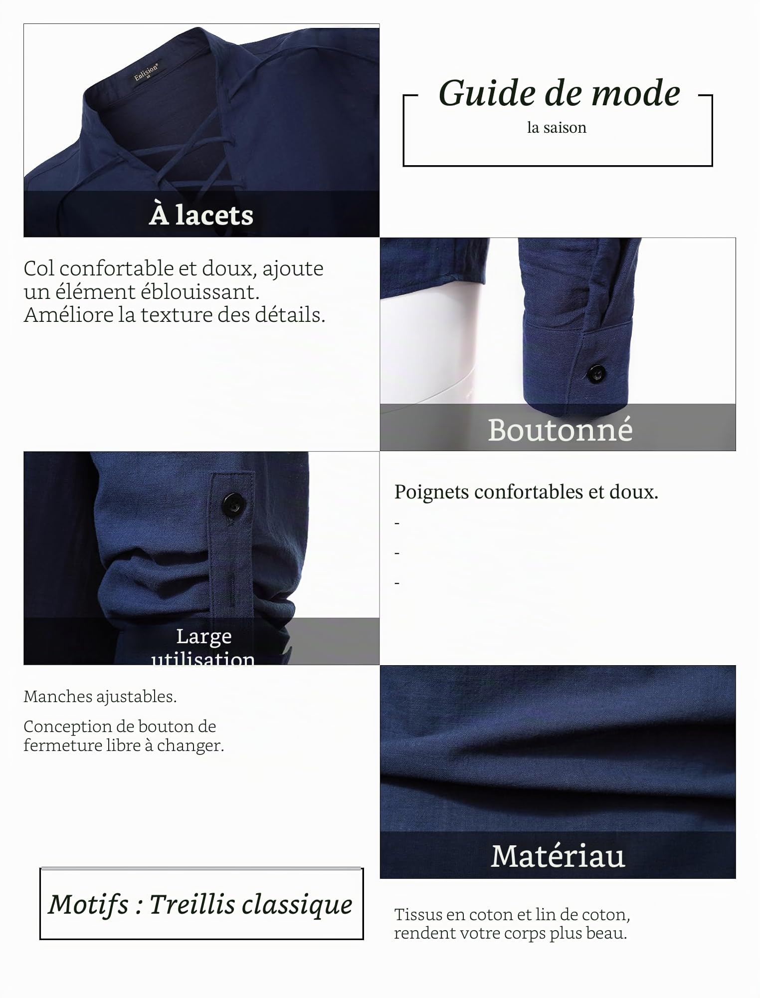 Enlision Chemise en Lin à Lacets pour Homme Costume Vintage médiéval décontracté à Manches Longues Viking Pirate Chemise