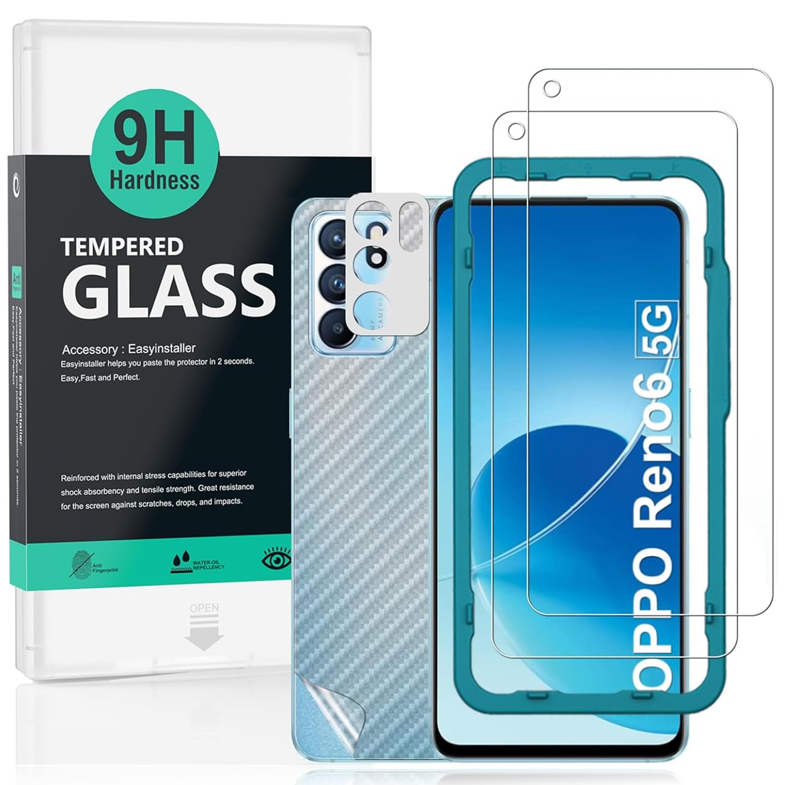 Ibywind [Pack van 2] Gehard Glas voor OPPO Find X3 Lite/OPPO Reno5 5G,Back Carbon Fiber beschermfolie,inclusief Uitlijning Frame