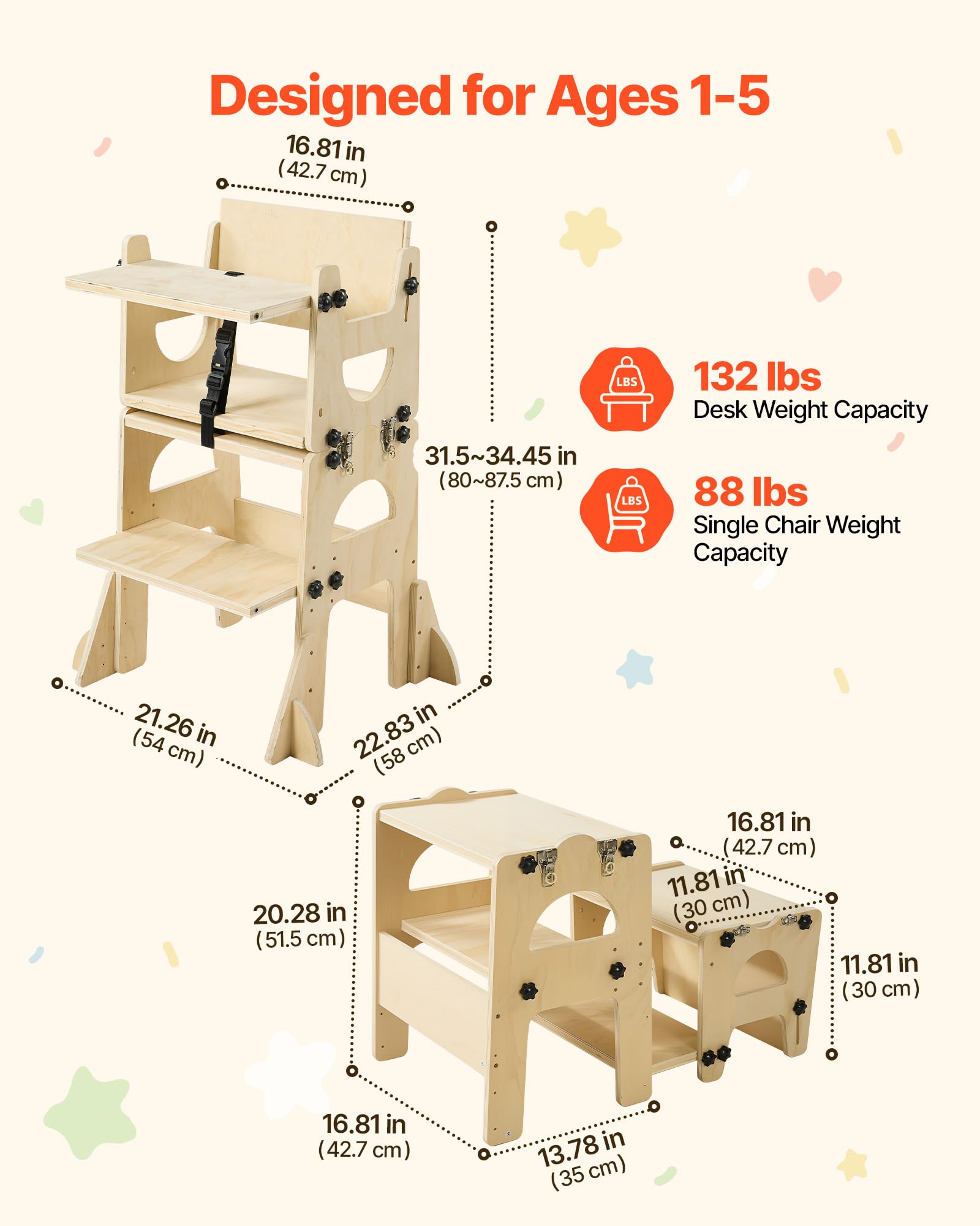VEVOR Torre de Aprendizaje Montessori Plegable para Niños Multifuncional | Torre Ayudante de Cocina Infantil, Juego de Mesa y Silla Convertible para Bebés de Madera, para Destete Comer Jugar Dibujar