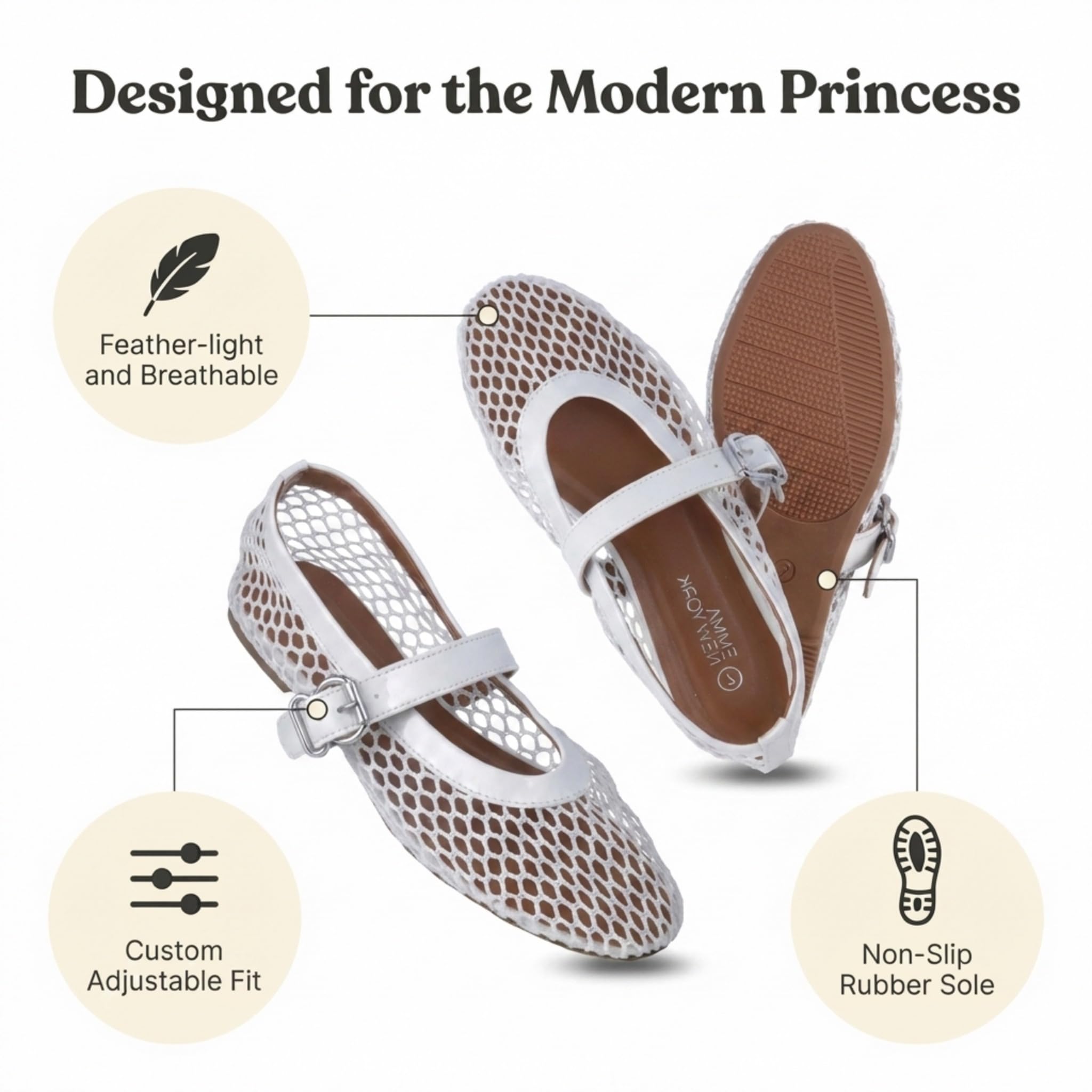 EMMA NEW YORK Mesh Ballet Flats for Women, Mary Jane Mesh Ballet Flats Shoes for Women with Buckle Strap (White, 8.5)