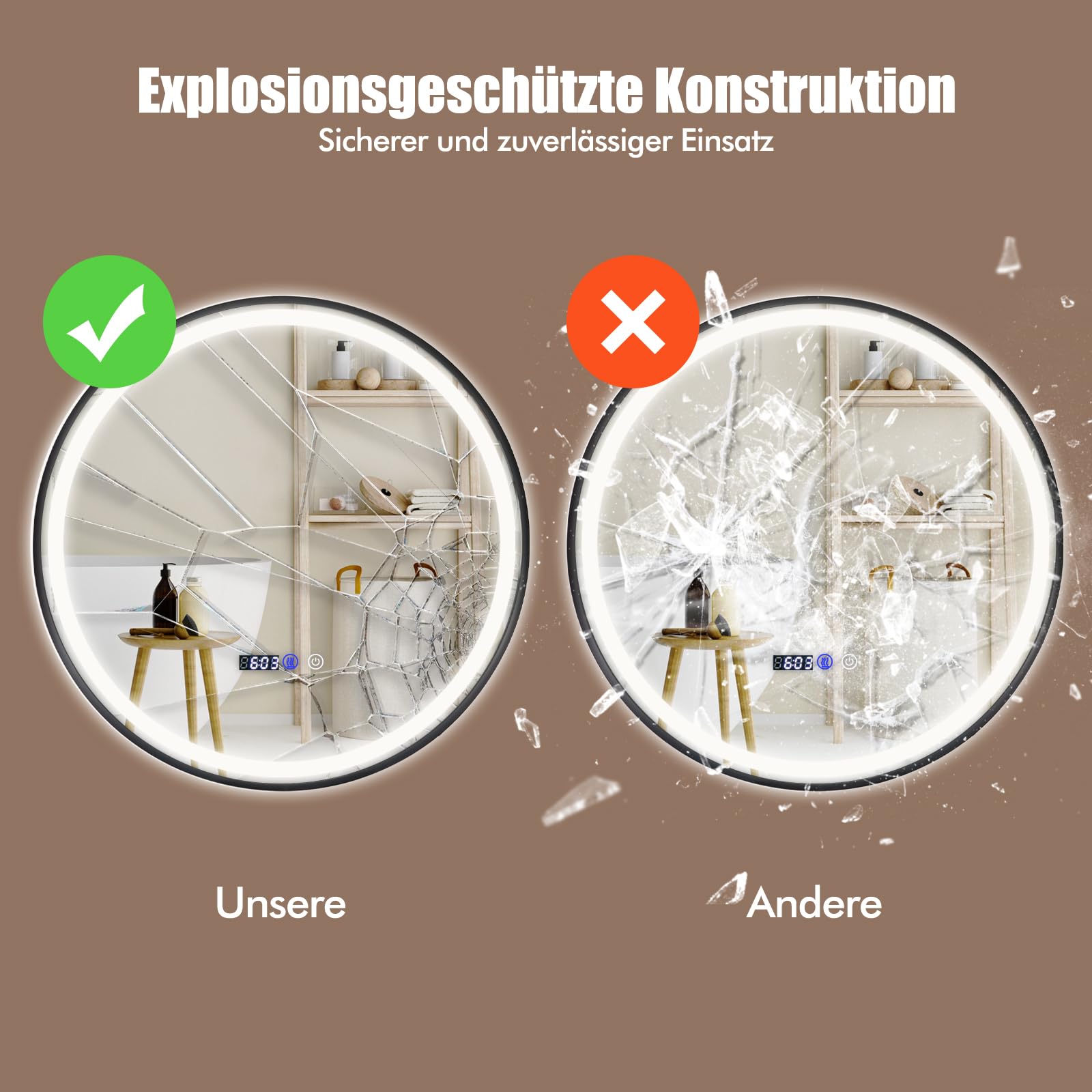 COSTWAY Podświetlane lustro łazienkowe LED, ścienne, 3-kolorowe światło LED, funkcja pamięci i funkcja zapobiegająca zaparowaniu, okrągłe lustro kosmetyczne do łazienki, 60 cm