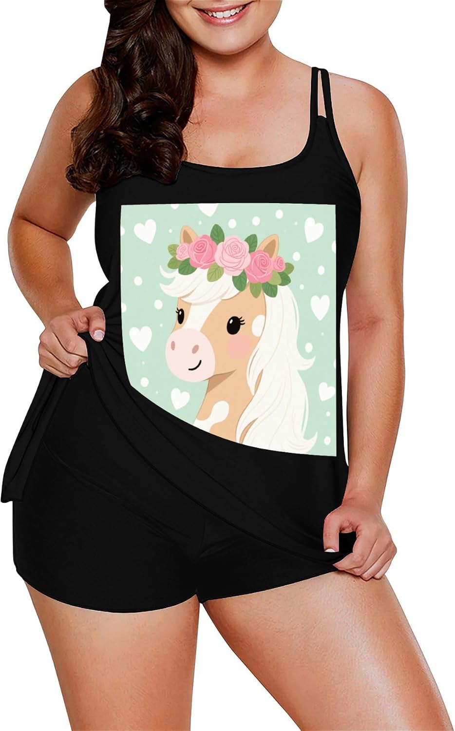 Cute Horse with Flowers Tankini Swimsuits for Women Tummy Control Two Piece Bathing Suits Swim Tops with Boy Shorts