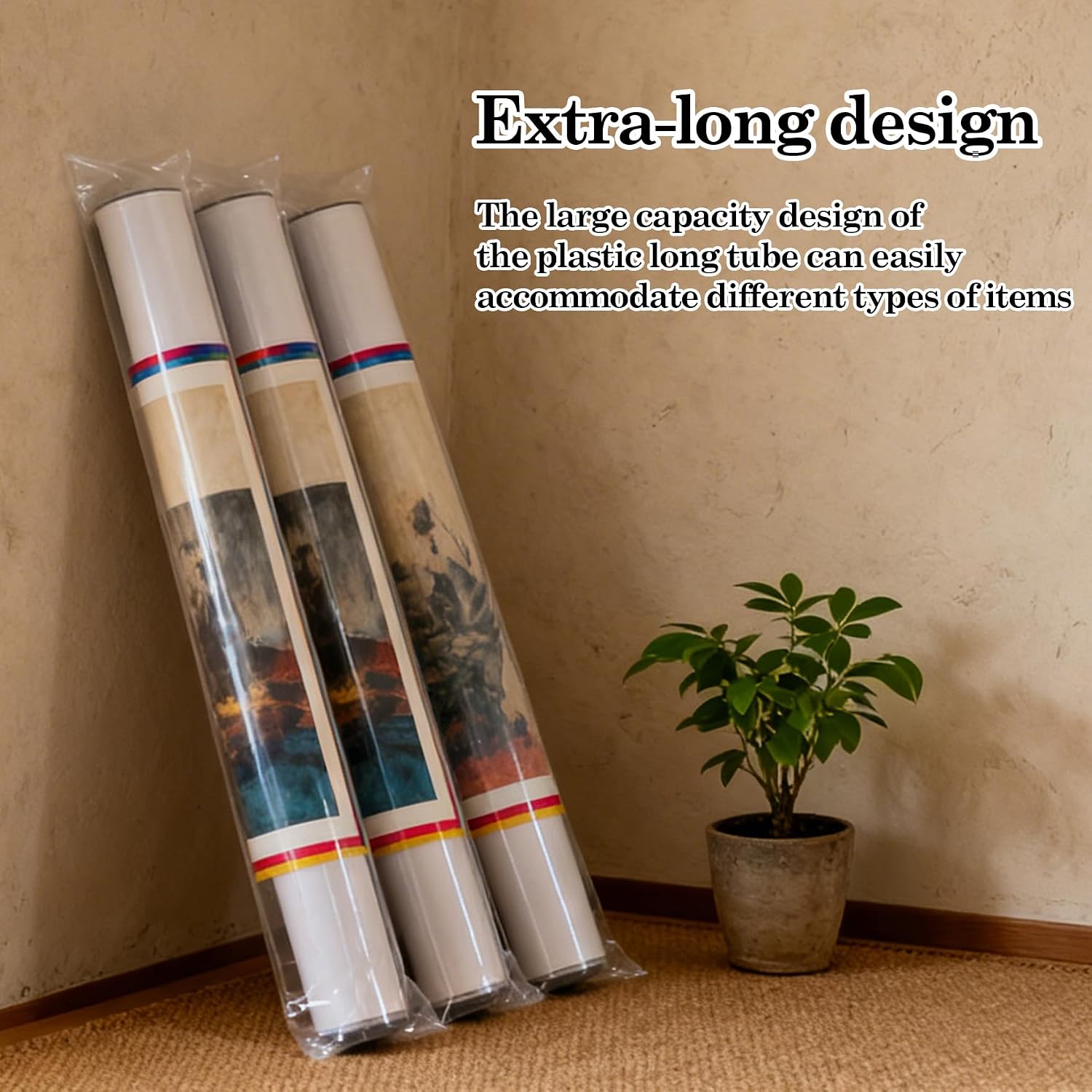 Klmnop Long Sleeve Poly Bags 6x51 Inch 60 Pack, 2 Mil Clear Plastic Poster Sleeves for Storage–Flat Open Waterproof Tubular Design, Protective Cover for Blueprints, Narrow Items & Large Posters