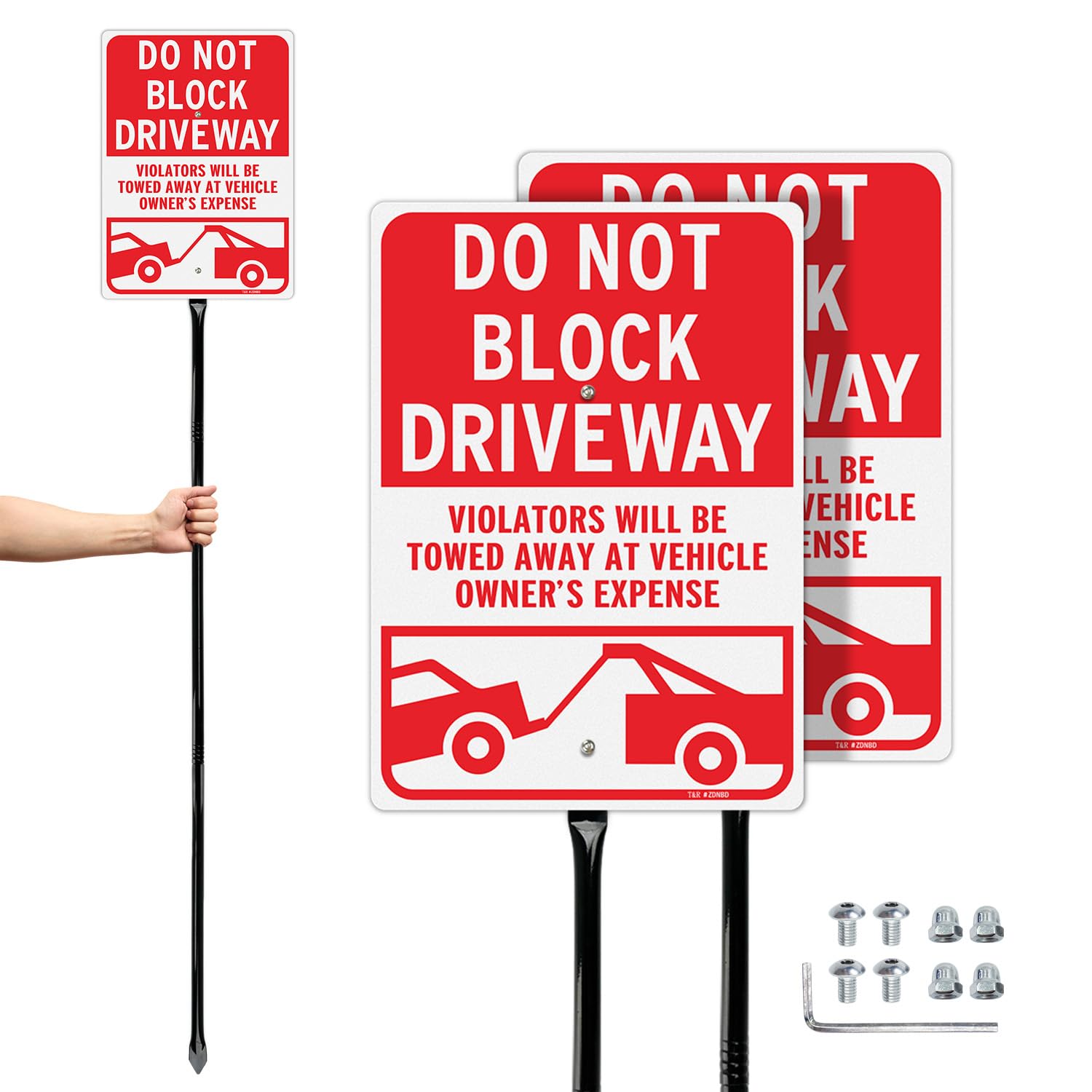 Photo 1 of T&R Large Do Not Block Driveway Signs Violators Will Be Towed with 54" Stake - 2 Pack - 14"x10" .040 Rust Free Aluminum, Reflective, Waterproof and Fade Resistant, 2 pre-drilled holes, Includes Matching Screws & Wrench, Easy to Mount