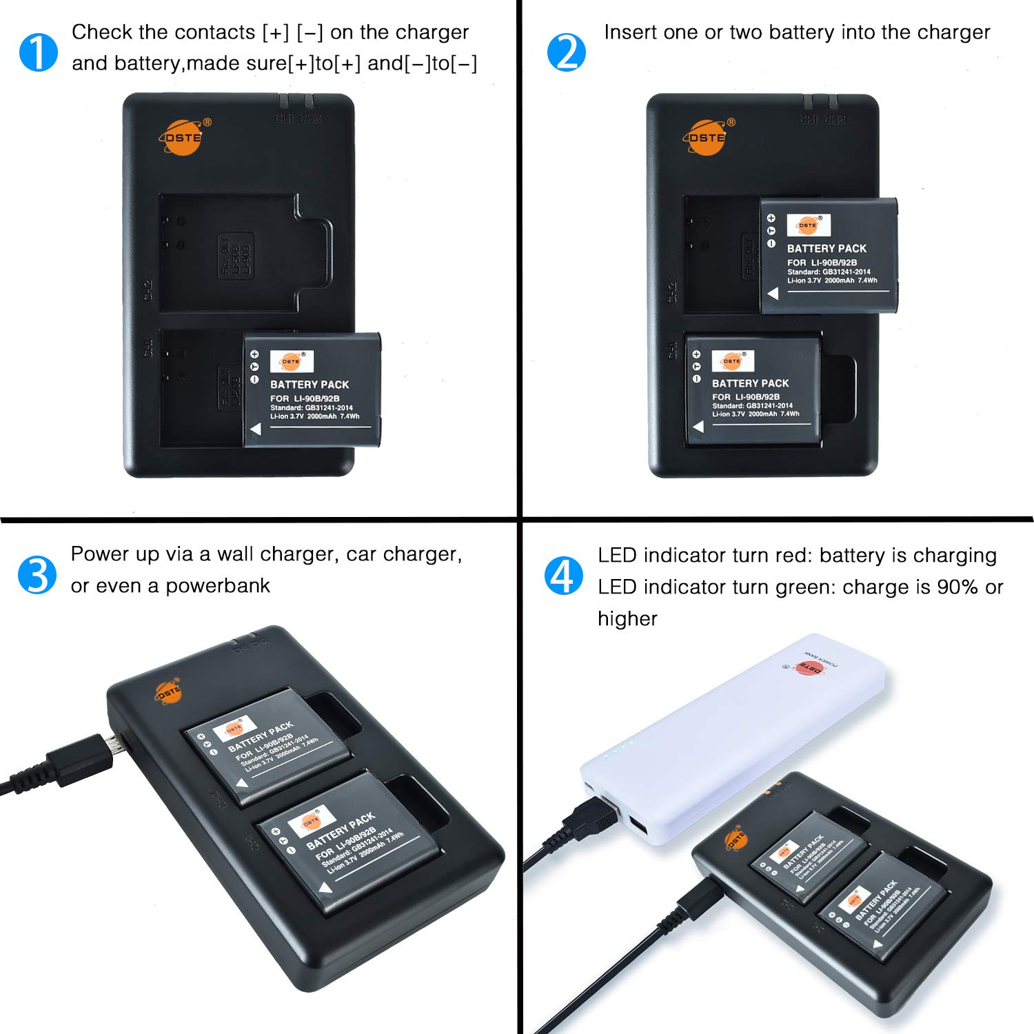 DSTE Rechargerable Battery (2-Pack) 2000mAh/7.4Wh, Smart LED - View #3