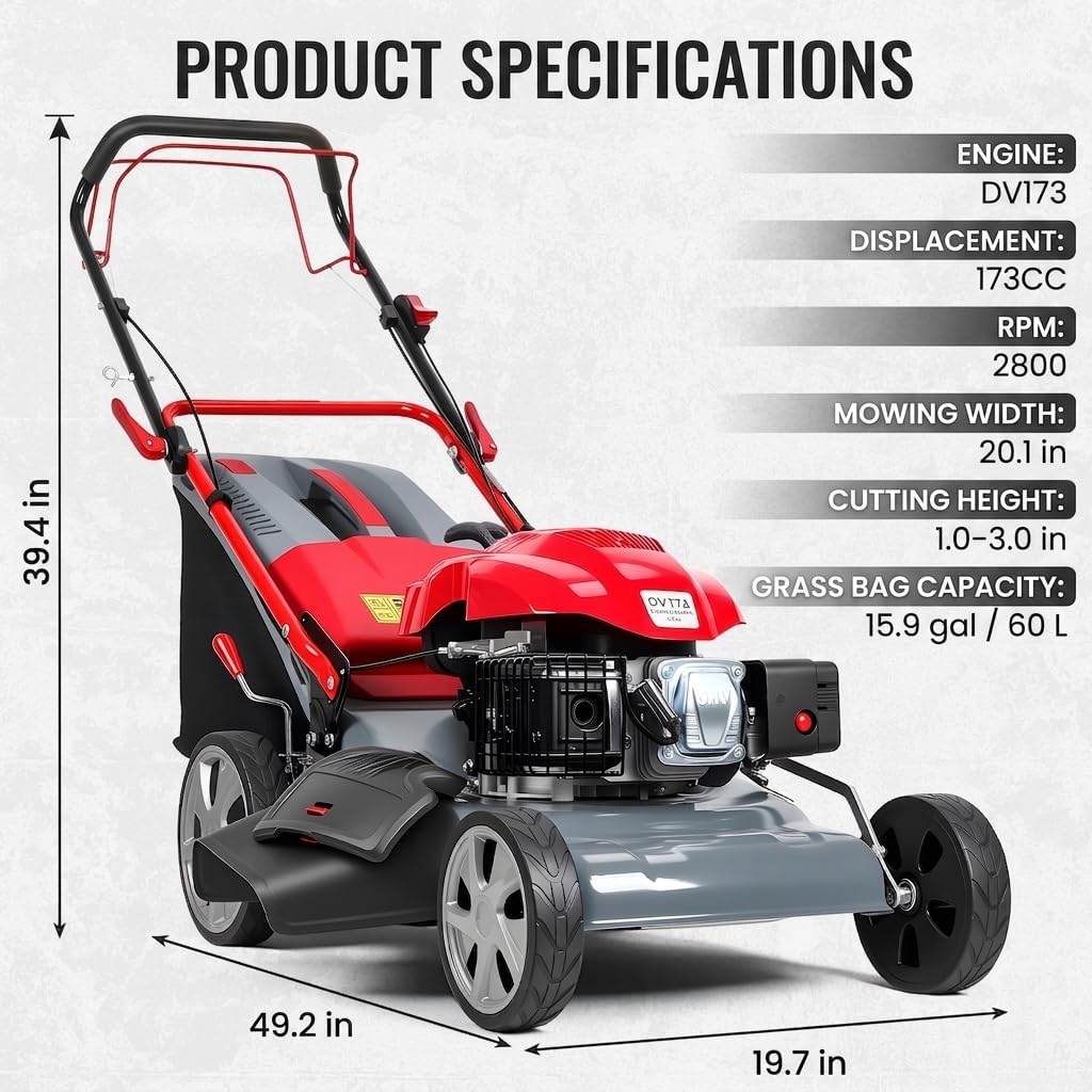173cc Gas Lawn Mower, Self-Propelled Rear Wheel Drive, Adjustable 3-Speed Settings, 20" Cutting Width, 60L Grass Catcher, Ideal for Large Lawns, Easy Start & Efficient Grass Collect Red