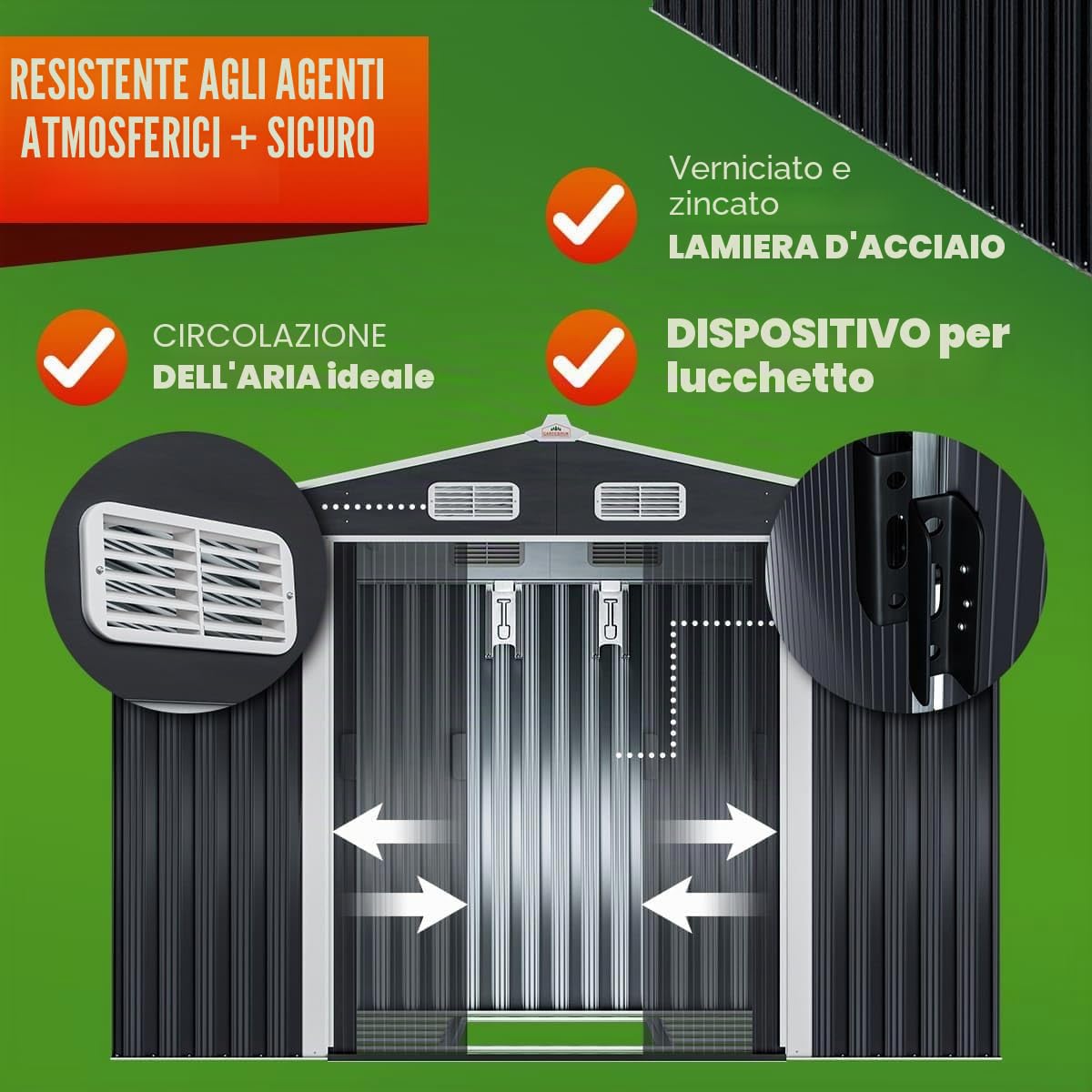 GARDEBRUK® Casetta per Attrezzi da Giardino XXL in Metallo 5m² con Base 257x205x178cm Porta Scorrevole Capanno Antracite con Tetto Prese d´Aria Capannone Rimessa da Esterno 9m³