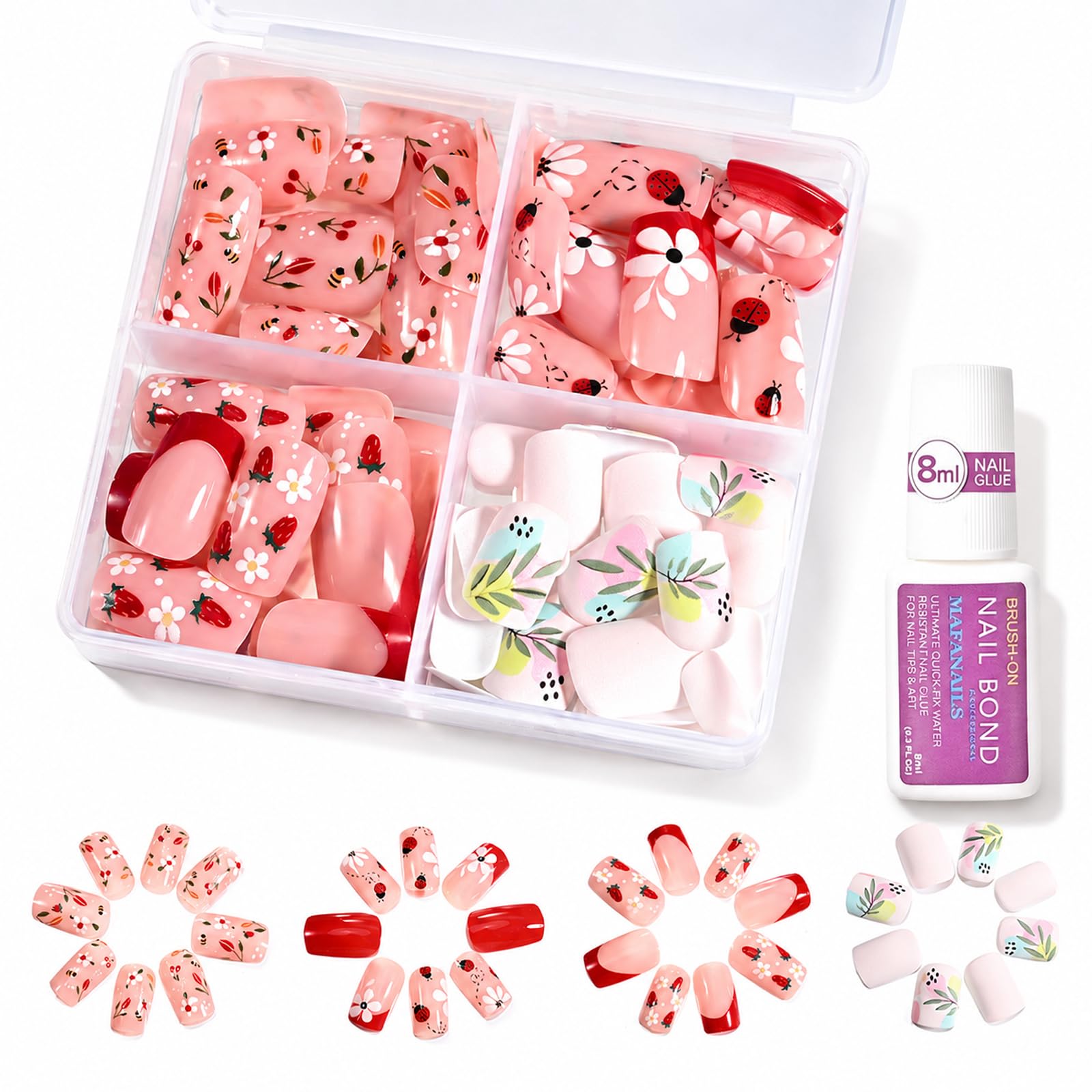 96 PCS French Tip Press on Nails Short - Floral Designs Fake Nails Press Ons with Nail Glue - Full Cover Artificial Stick on Nails for Kids, Colorful DIY Nail Art Decorations for Women Girls