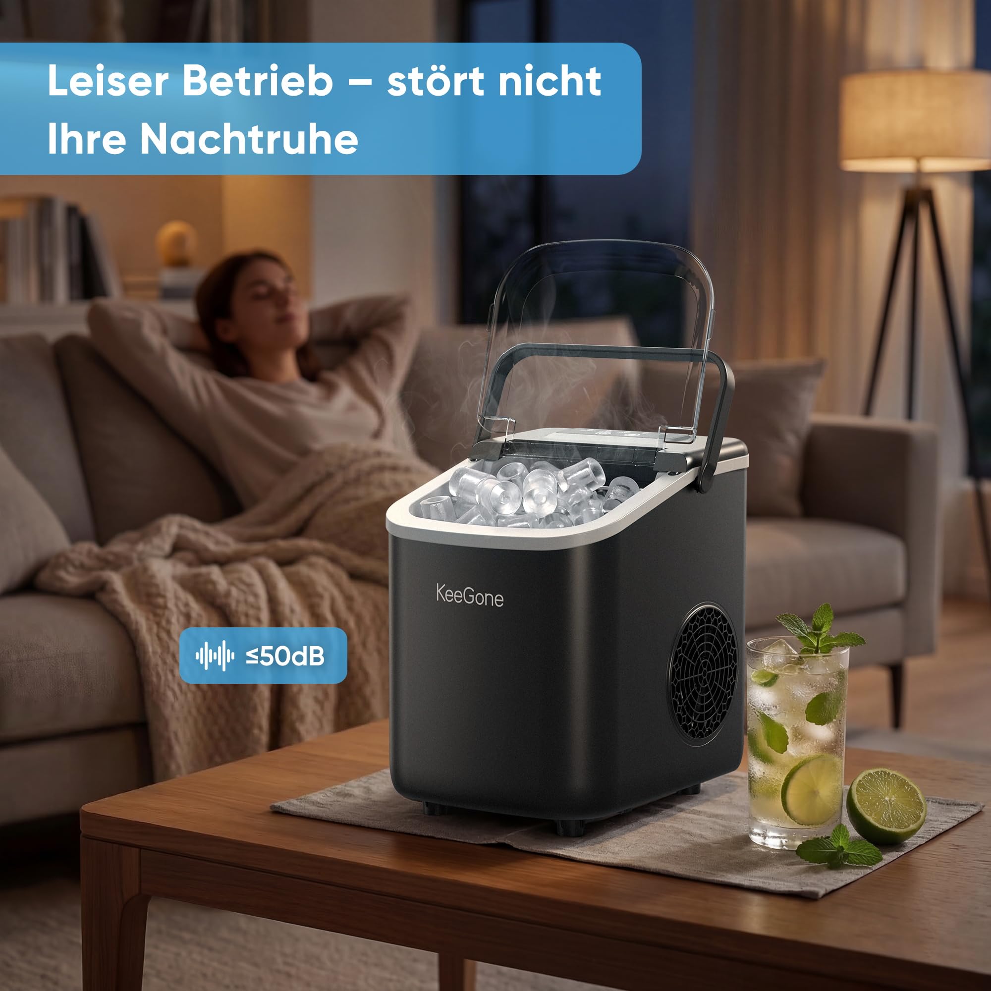 Eiswürfelmaschine Klein mit 1,2 Liter Wassertank 9 Würfel in 6 Minuten fertig Schwarz Ice Maker mit Tragbarem Griff 10KG/24H Selbstreinigendes Eiswürfelmaschinen für Küche Büro Bar und Party
