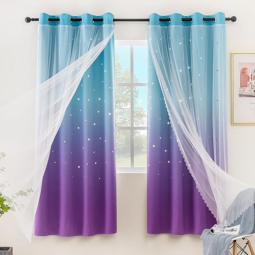 Stiio Cortinas opacas con corte de estrella para dormitorio de niñas, 2 paneles, cortinas opacas 2 en 1 con bloqueo de luz con ojales transparentes