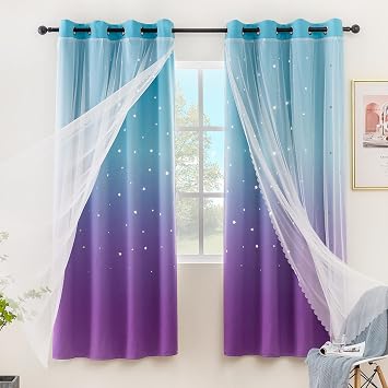 Stiio 2 Panels Star Cutout Blackout Curtains, W52 x L63 inches Blue Purple