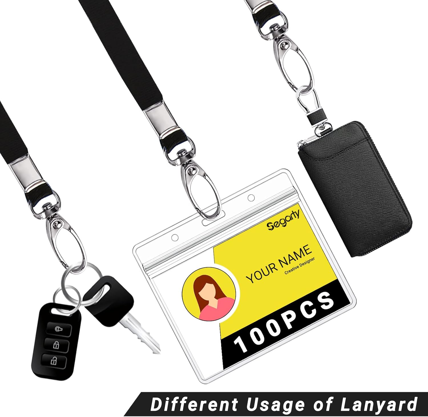Segarty Lanyards with ID Holder, 100 Pack Horizontal Clear Plastic Badge Name Tags Key Card Holder, Black Strap Clips Waterproof Ziplock Nametag Protector for Women, Business, Office