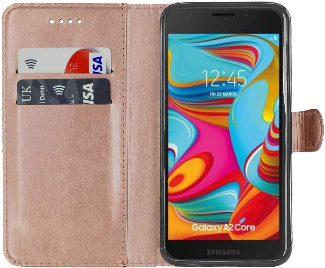 Gadget Giant Samsung Galaxy A2 Core Case Cover Leather Wallet Flip for Samsung Galaxy A2 Core with 2 Slot Card Holder Built in Stand Function and Magnetic Closure Case Cover - Rose Gold