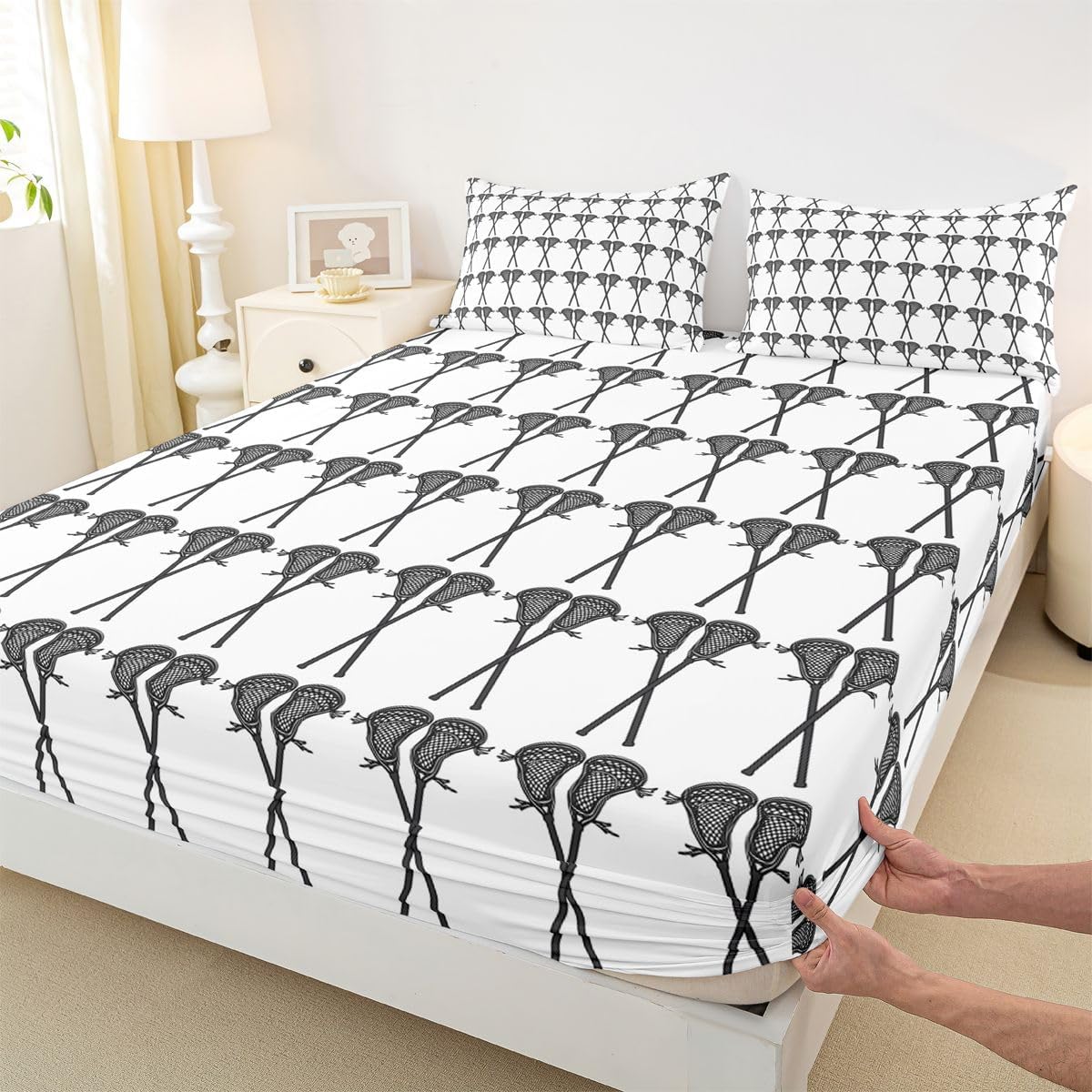 Erosebridal Lacrosse Sticks Bed Sheets Twin,Grey White Lacrosse Fitted Sheet for Kids Boys Girls,Sports Game Bedding Set Luxury Soft,Lacrosse Player Bed Cover + 1 Pillowcase,no Top Sheet