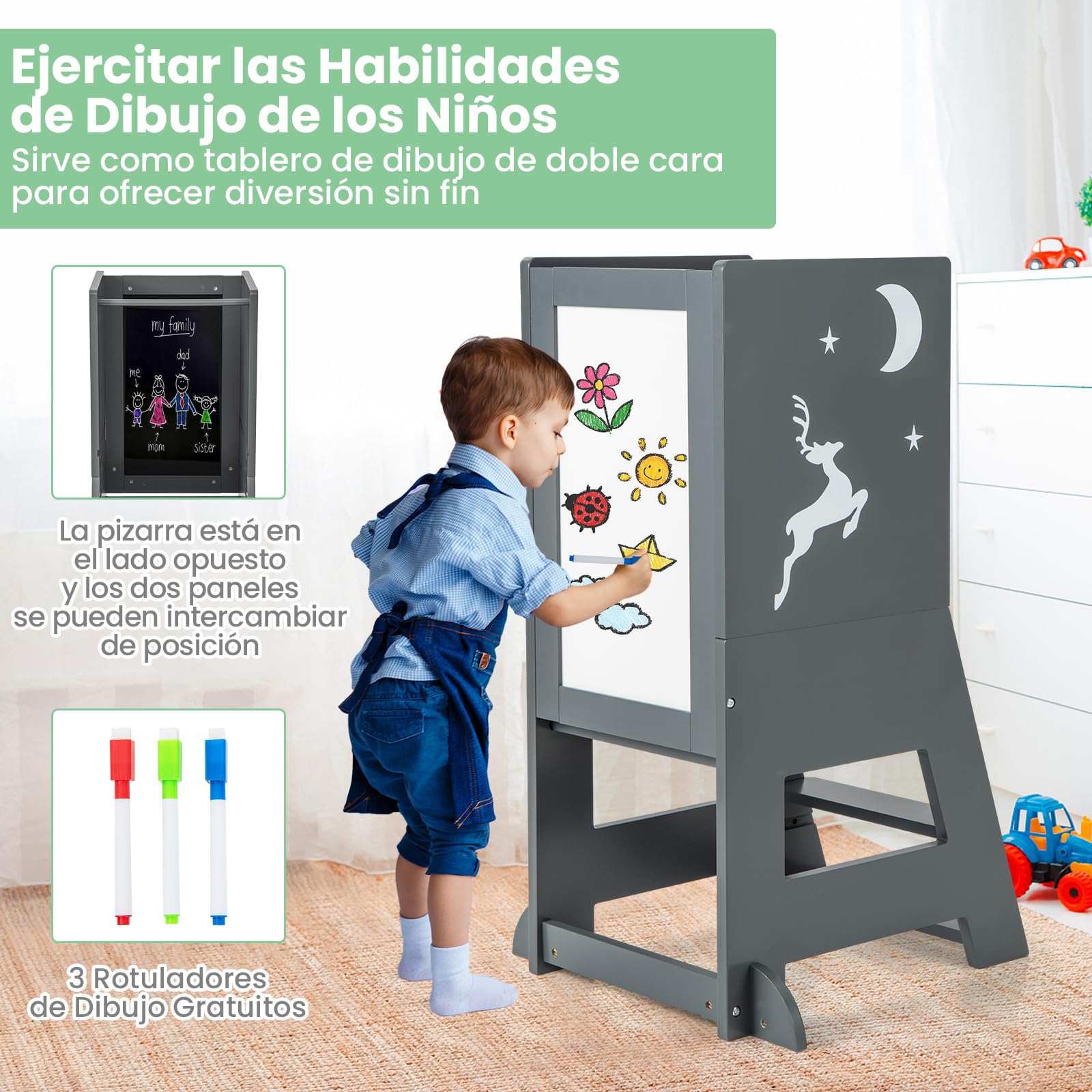 COSTWAY Torre de Aprendizaje, 2 en 1 Torre de Taburete Infantil con 3 Rotuladores, Pizarra Blanca y Negra, Plataforma y Escalón Ajustables, Escalera para Niños para Cocina Baño Comedor (Gris)