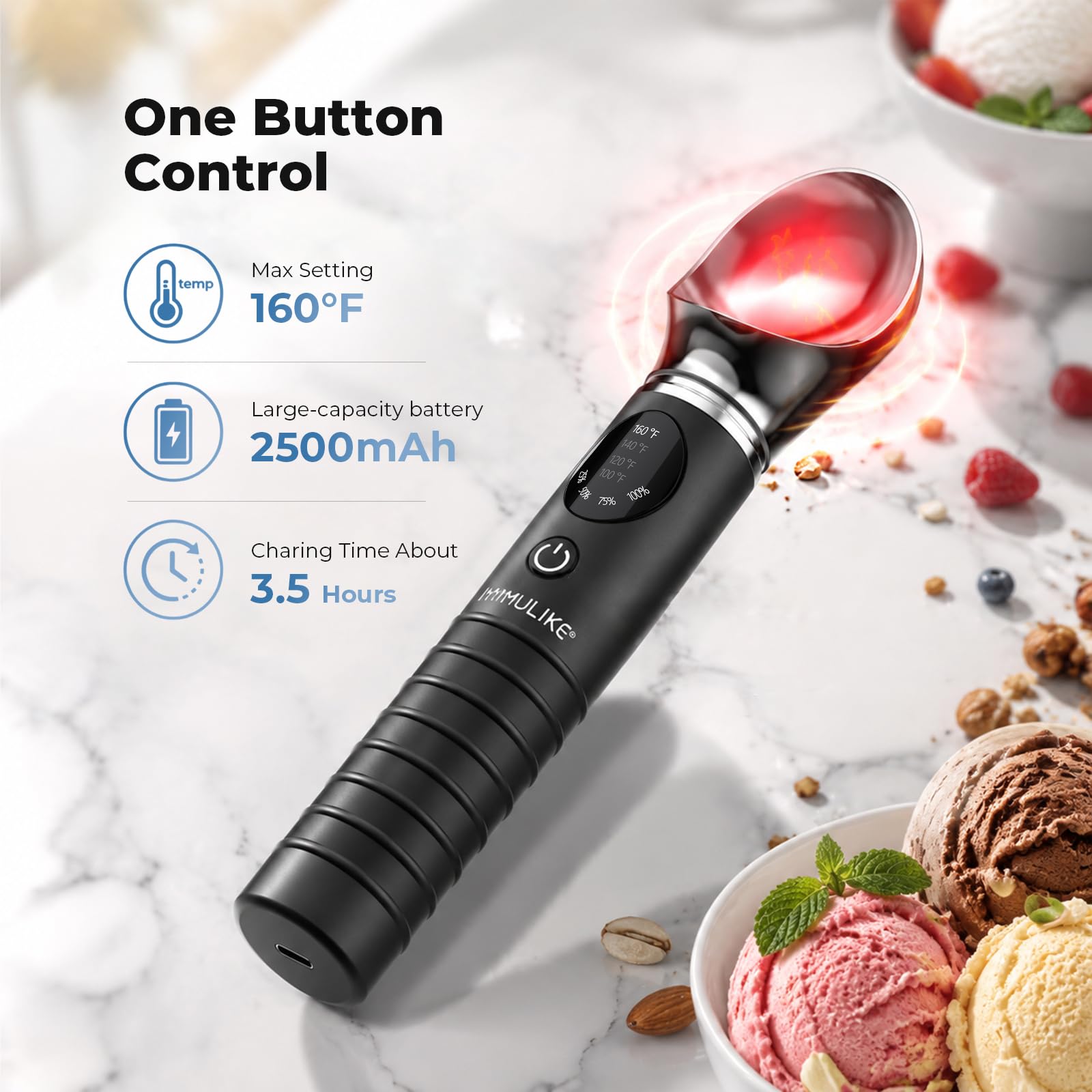 MYMULIKE Cuchara de helado calentable de acero inoxidable, 4 temperaturas (40-70 ℃), cuchara de hielo ajustable, 30 S, calentamiento rápido, cuchara de hielo recargable, apagado automático de 3