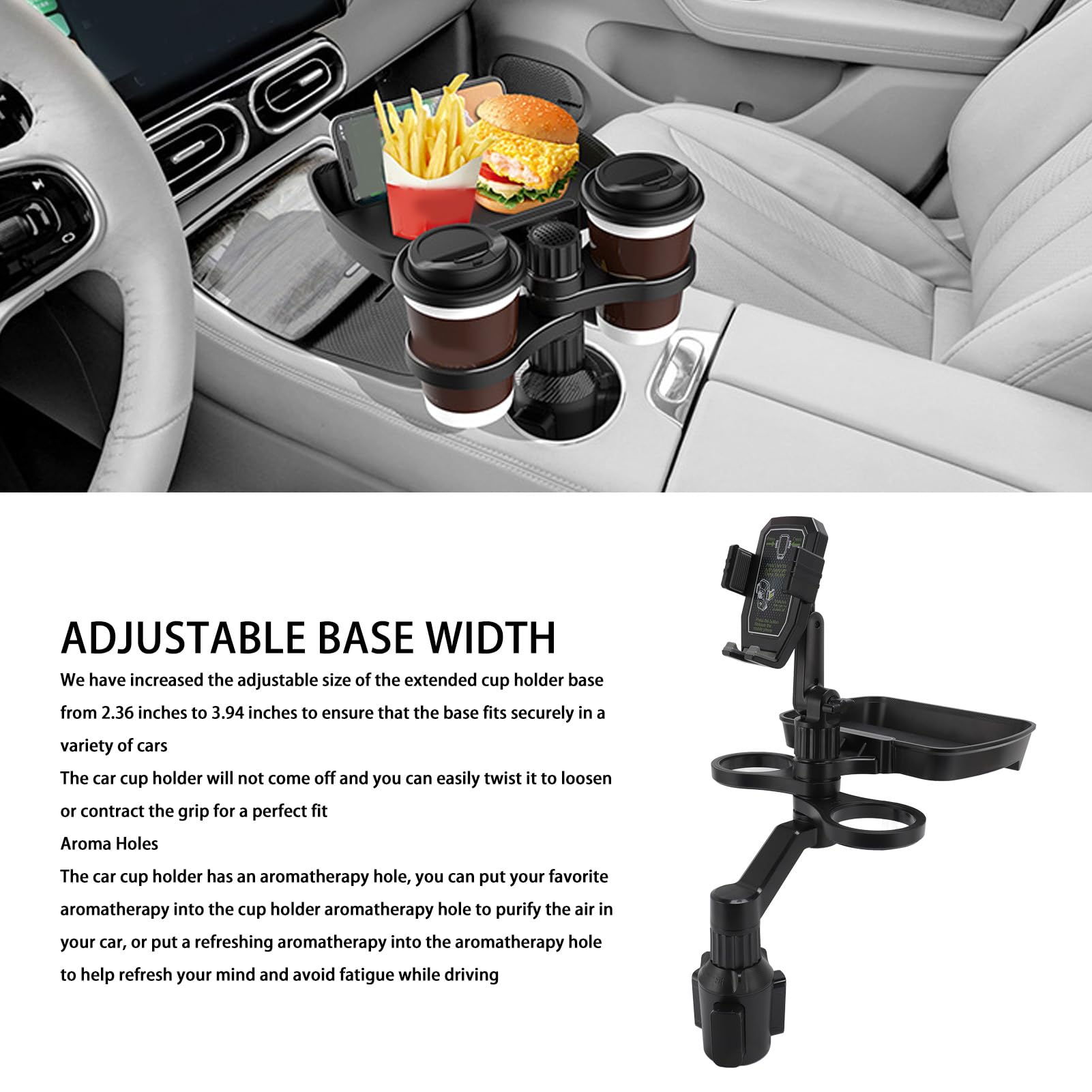 VBESTLIFE 4 in 1 Car Cup Holder Expander Tray, Car Cup Holder + Phone Mount + Food Tray Multifunctional Cup Holder Tray with 360° Rotation Base, for Truck RV Driver Road