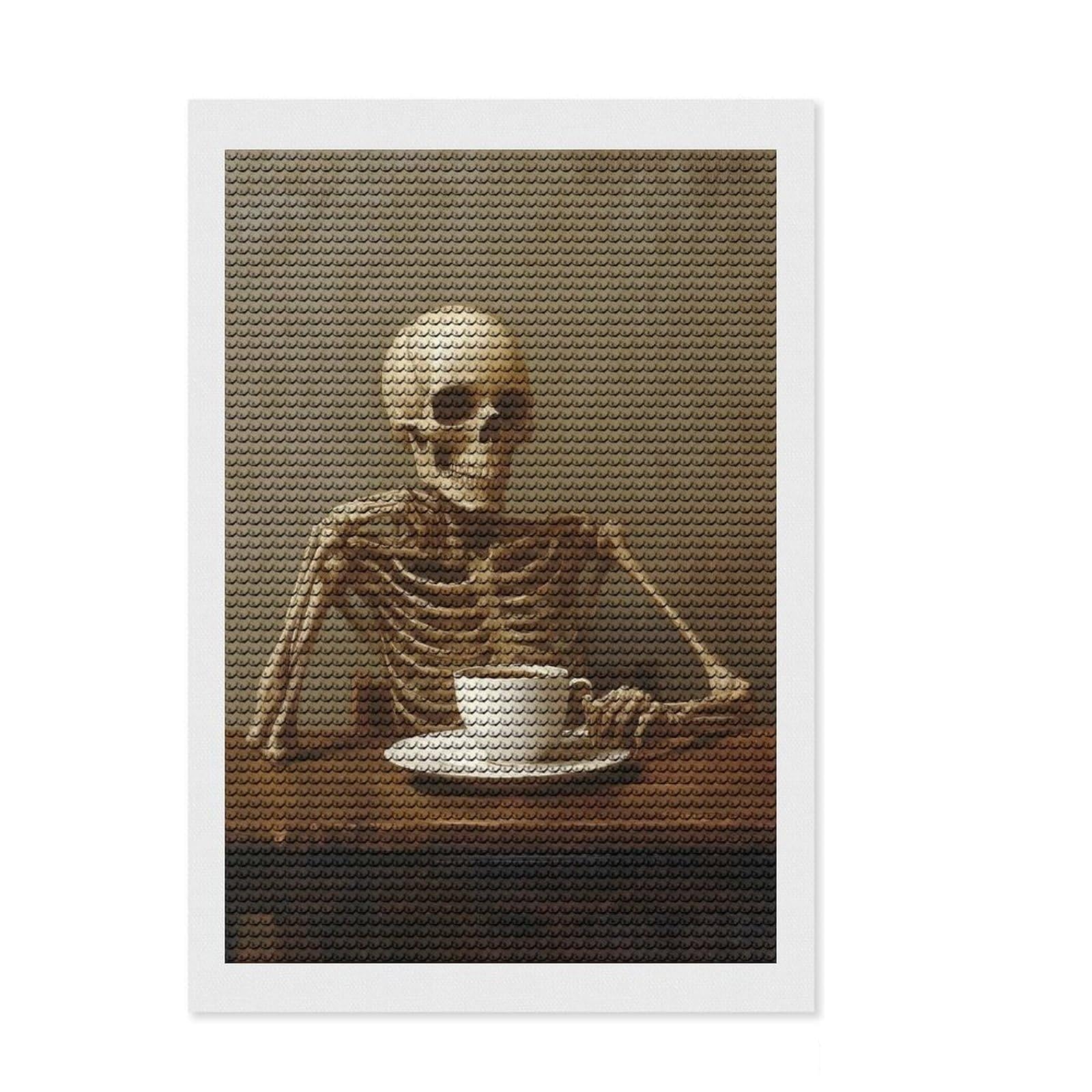 Junmoney Skeleton with Coffee Diamond Art Canvas 8"x12", for Women, Bedroom Decor, Pleasing Wall Art Project, Birthday Gift, Simple to Start