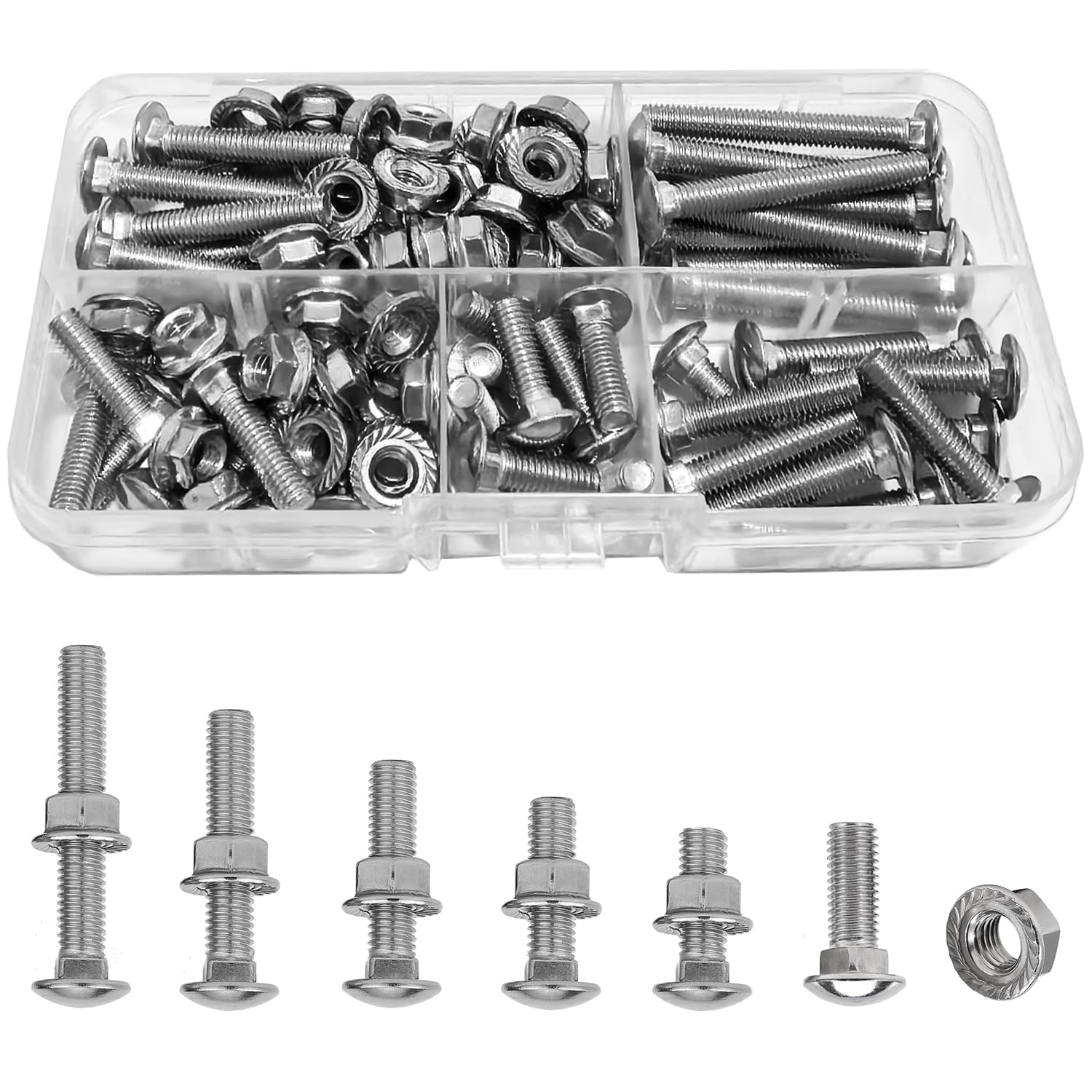 50 Sets (100 Pcs) Carriage Bolts and Nuts Washers Kit, M5 Stainless Steel Round Head Square Neck Coach Screw with Flange Nuts For Wood, Metal, Masonry Applications (16/20/25/30/40mm)