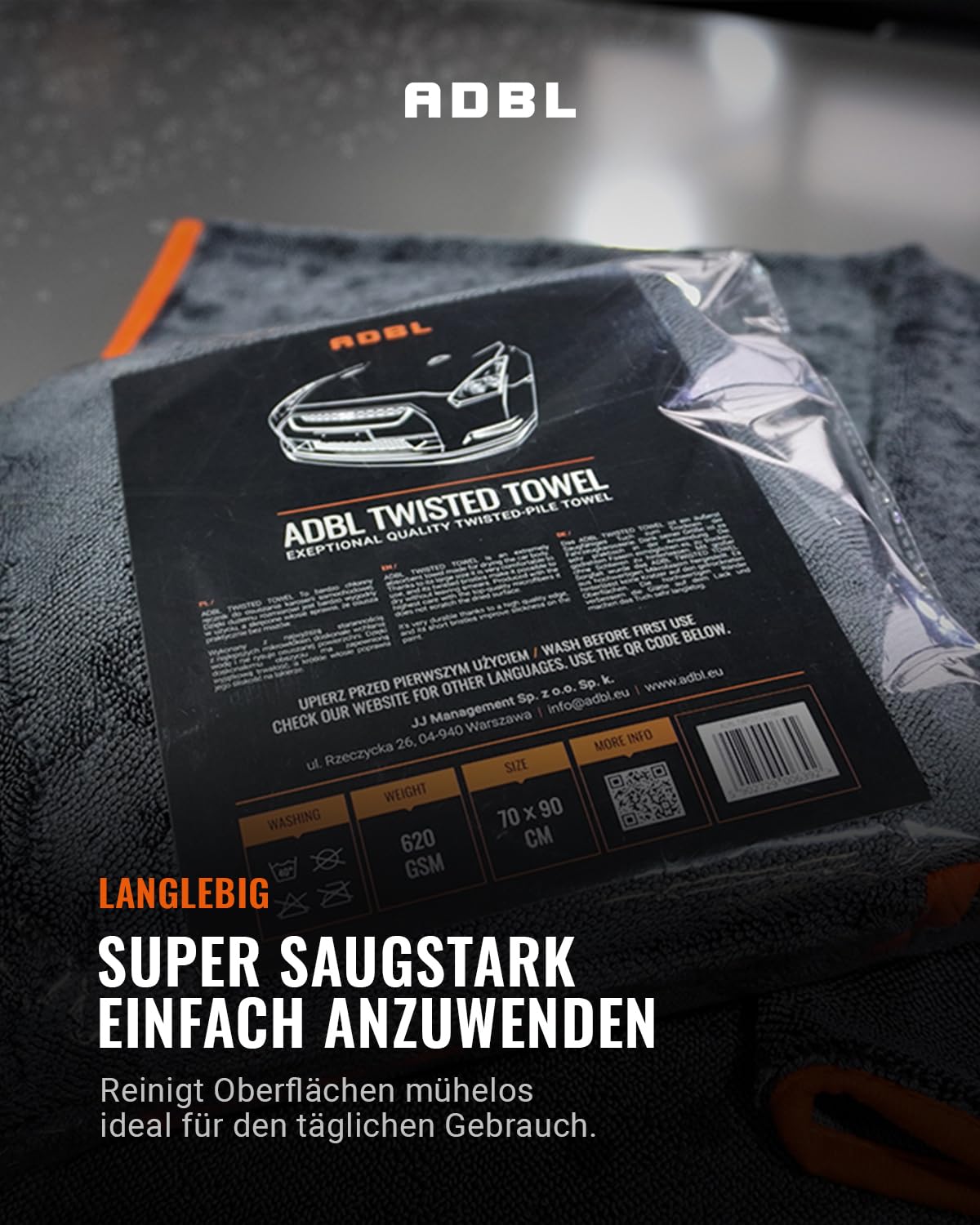 ADBL Twisted Towel Trockentuch 620GSM (4 STK.) - Ideal für die großflächigen Trocknung von Lackoberflächen - extrem saugstarkes & fusselfreies Mikrofasertuch für die Auto & Motorrad Pflege | 70x90cm