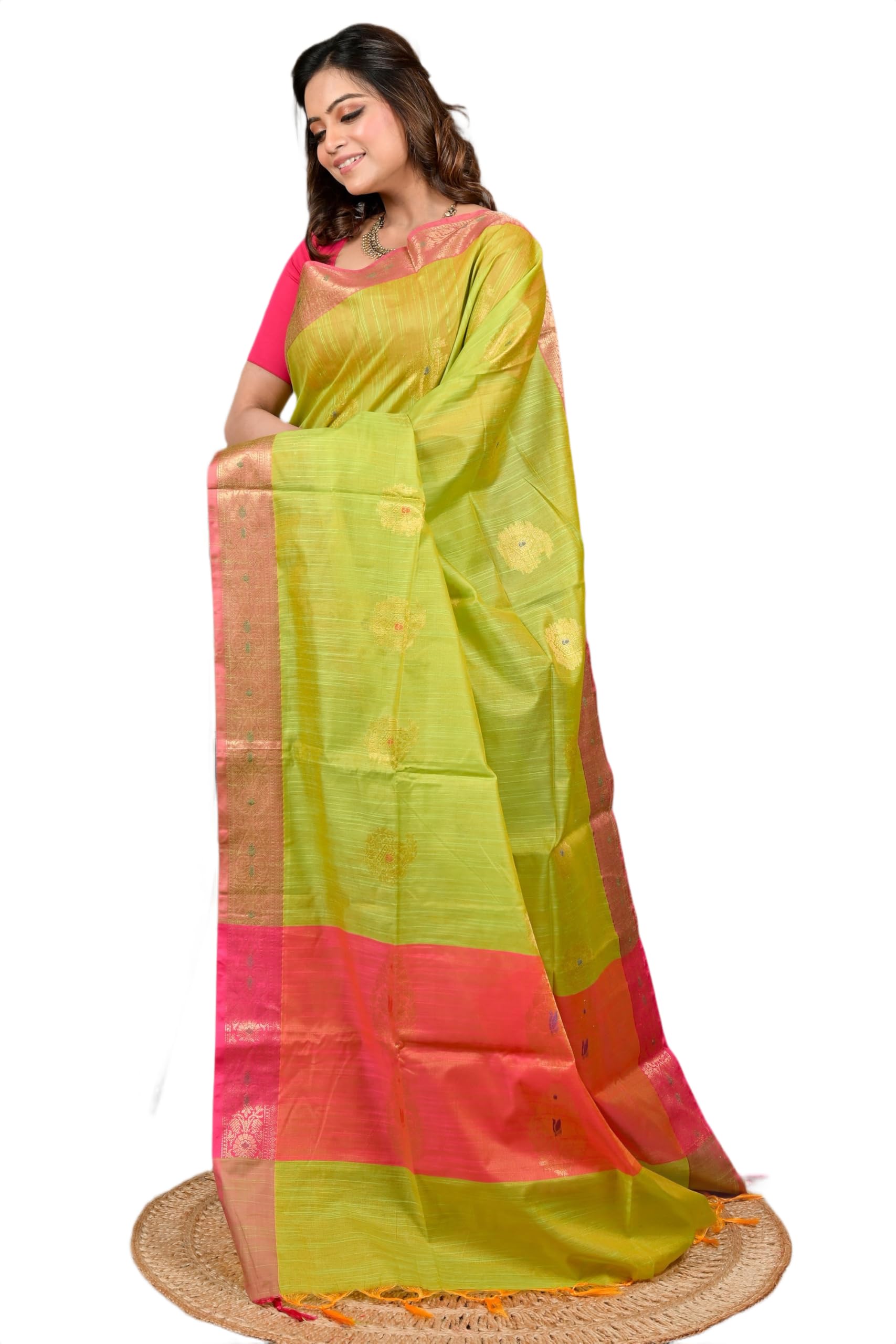 Traditional Bengali Handloom Cotton Blend Saree with Blouse Piece, Woven Motifs, Lightweight for Durga Puja and Festivals-picture-24