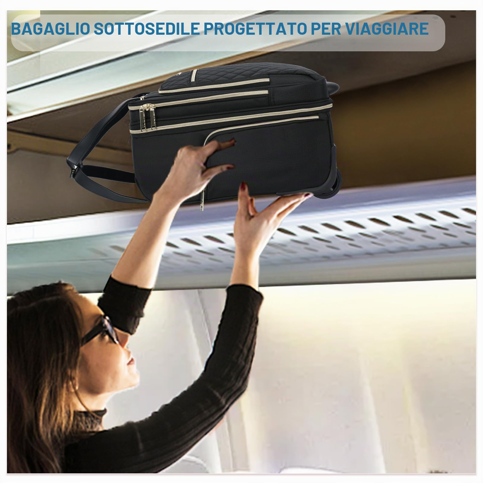 EMPSIGN Valigetta 16" Sottosedile, TSA Impermeabile Multiuso | nero con zip oro, apertura 180°, rotelle silenziose, scomparti multipli, resistente antigraffio per lavoro e weekend