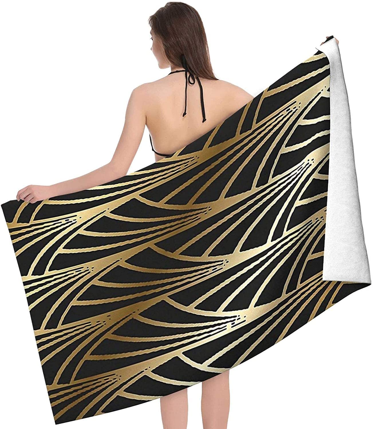 BAAROO Telo mare Art Nouveau, Art Deco, oro, nero, motivo altamente assorbente in microfibra coperta morbida asciugamani da bagno 130 cm x 80 cm