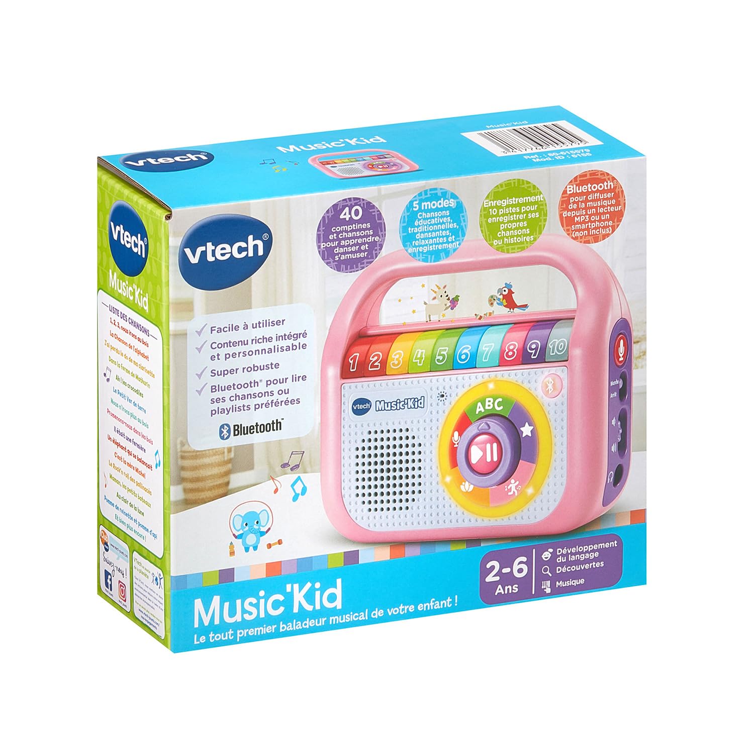 VTech - Music'Kid Rose, Baladeur Musical Enfant, Enceinte Bluetooth Lumineuse avec Comptines, Chansons Éducatives et Relaxantes, Enregistreur Vocal, Cadeau Enfant Dès 2 Ans - Contenu en Français