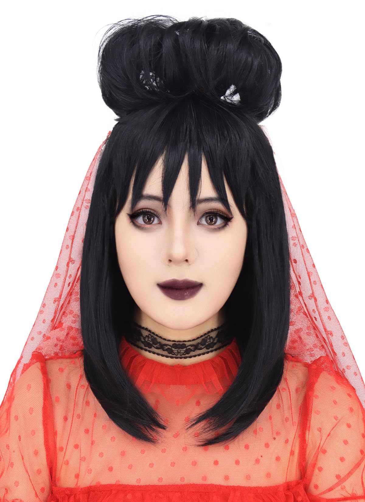 RuinaBlack Wig for Bride Lydia Costume Women Medium Length Black Wig with  Buns Cute Soft Wigs for Scary Halloween Costume Women R037BK