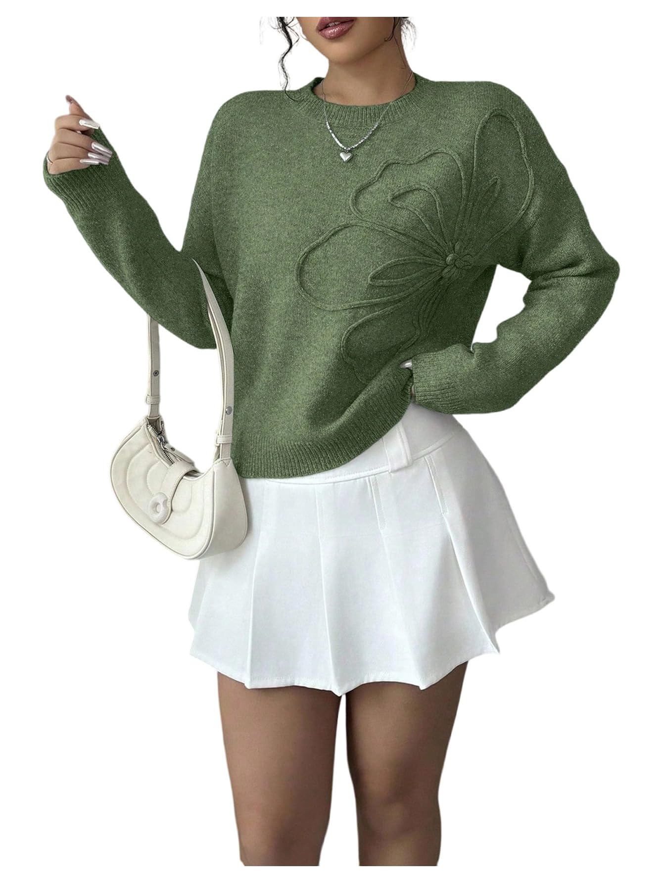 RoseSeek Women's 3D Floral Appliques Sweaters Long Sleeve Knit Tops