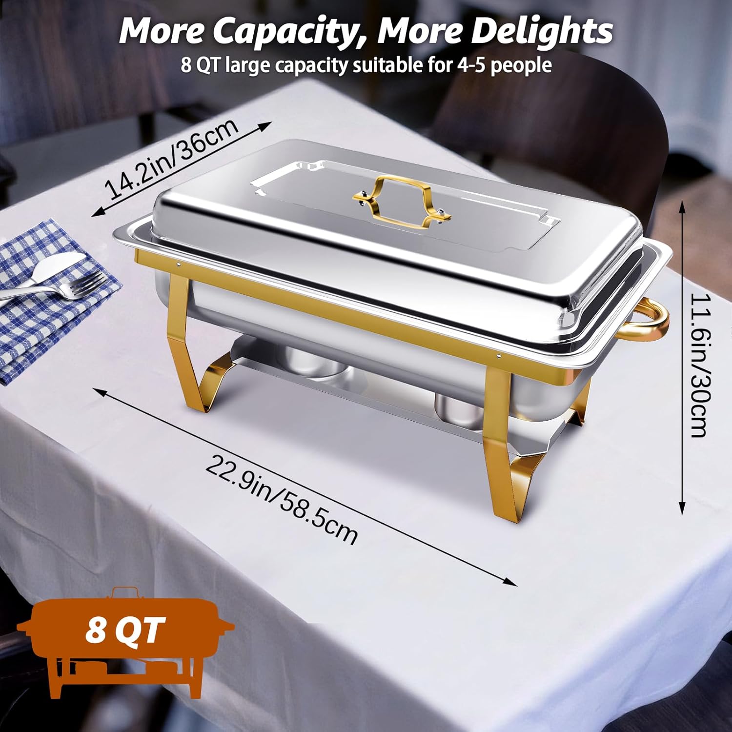 8QT Gold Chafing Dishes for Buffet, Stainless Steel Chafing Dish Sets with Full Size Food Pan, Buffet Servers and Warmers, Warming Trays for Party, Wedding, Christmas (2 Pack)