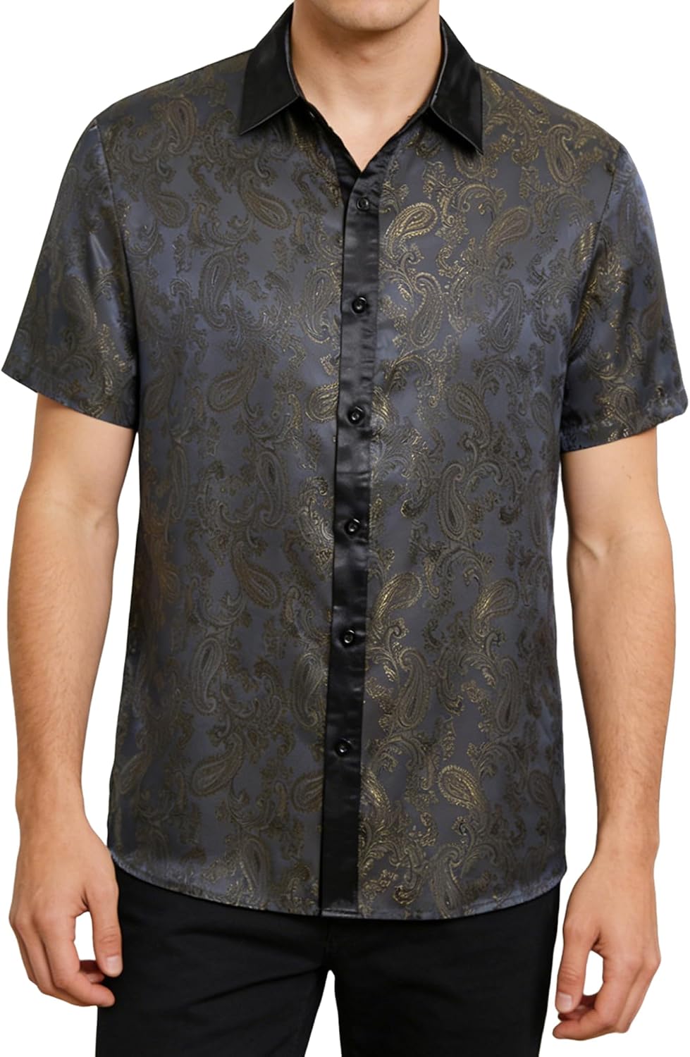 Men's Short Sleeve Paisley Dress Shirt for Party Wedding Daily Wear, Regular Fit Vintage Jacquard Button Down Shirts