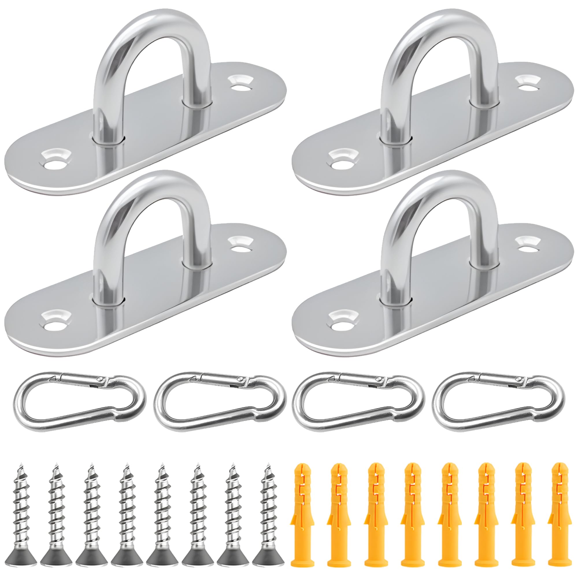 4 Pcs U-Shaped Hooks + 4 Pcs Carabiner Clips, M5 Stainless Steel Pad Eye Plates with 8 Screws & 8 Wall Plugs, 1.9x0.8x0.6 Inch Ring Hooks for Hanging Indoor, Outdoor, Garage, Wall Fastening Clips