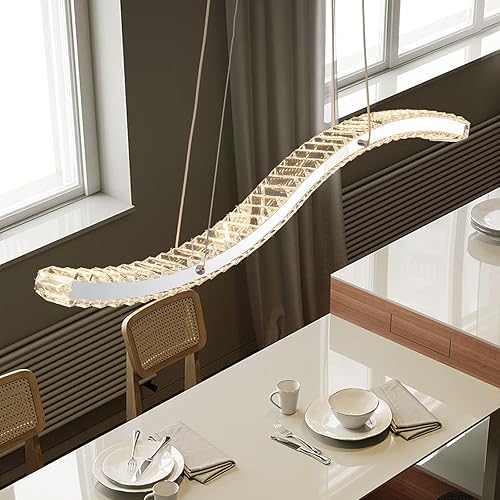 Miniatura 3 de Lámpara de araña de cristal para comedor, lámpara colgante lineal LED regulable con control remoto, moderna iluminación de techo colgante cromada