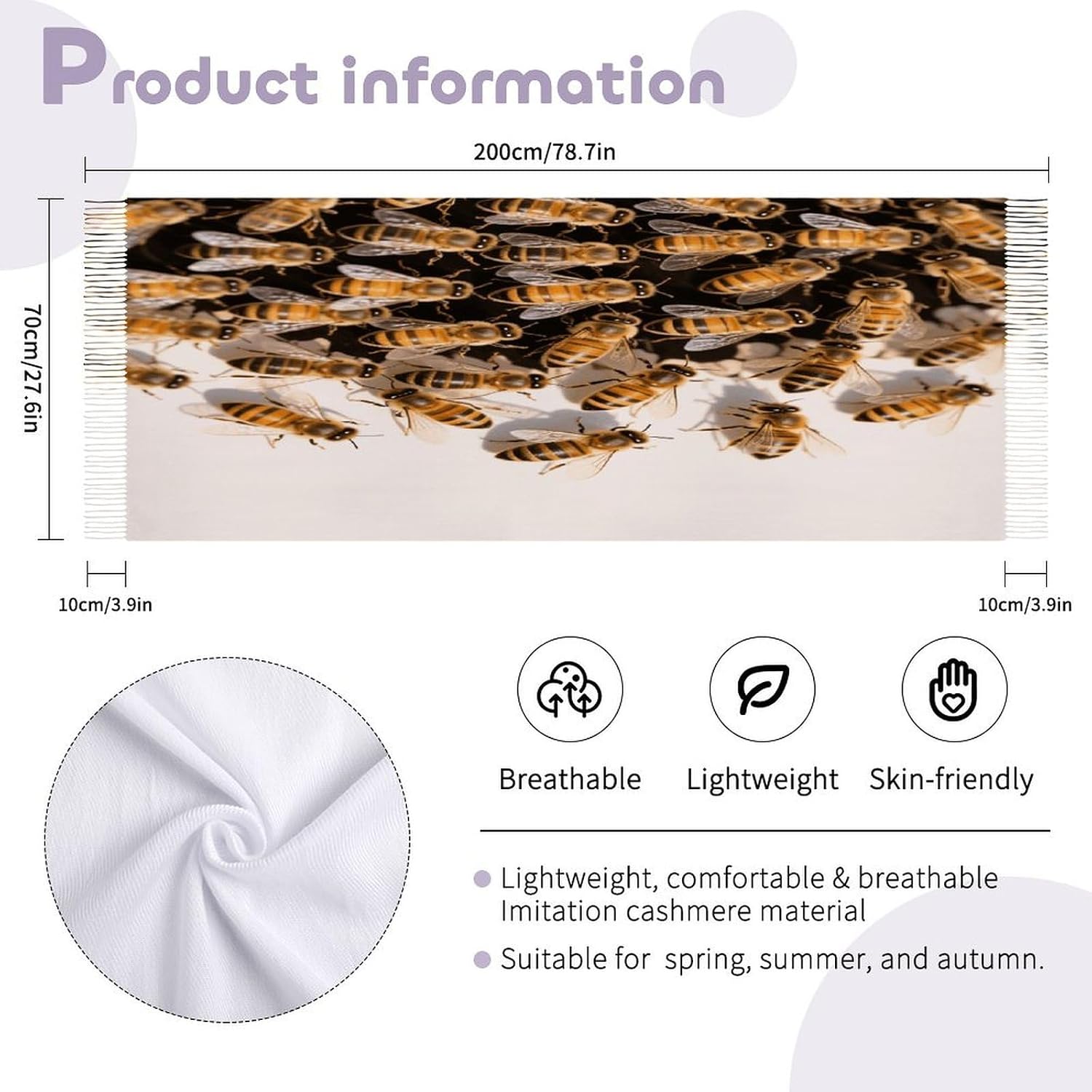 Bees Scarf for Women Men Classic Fashion Blanket Scarves Soft Cashmere Feel Scarf Cold Weather Warm Long Shawl Winter Large Scarves Classic Blanket Scarfs Thick
