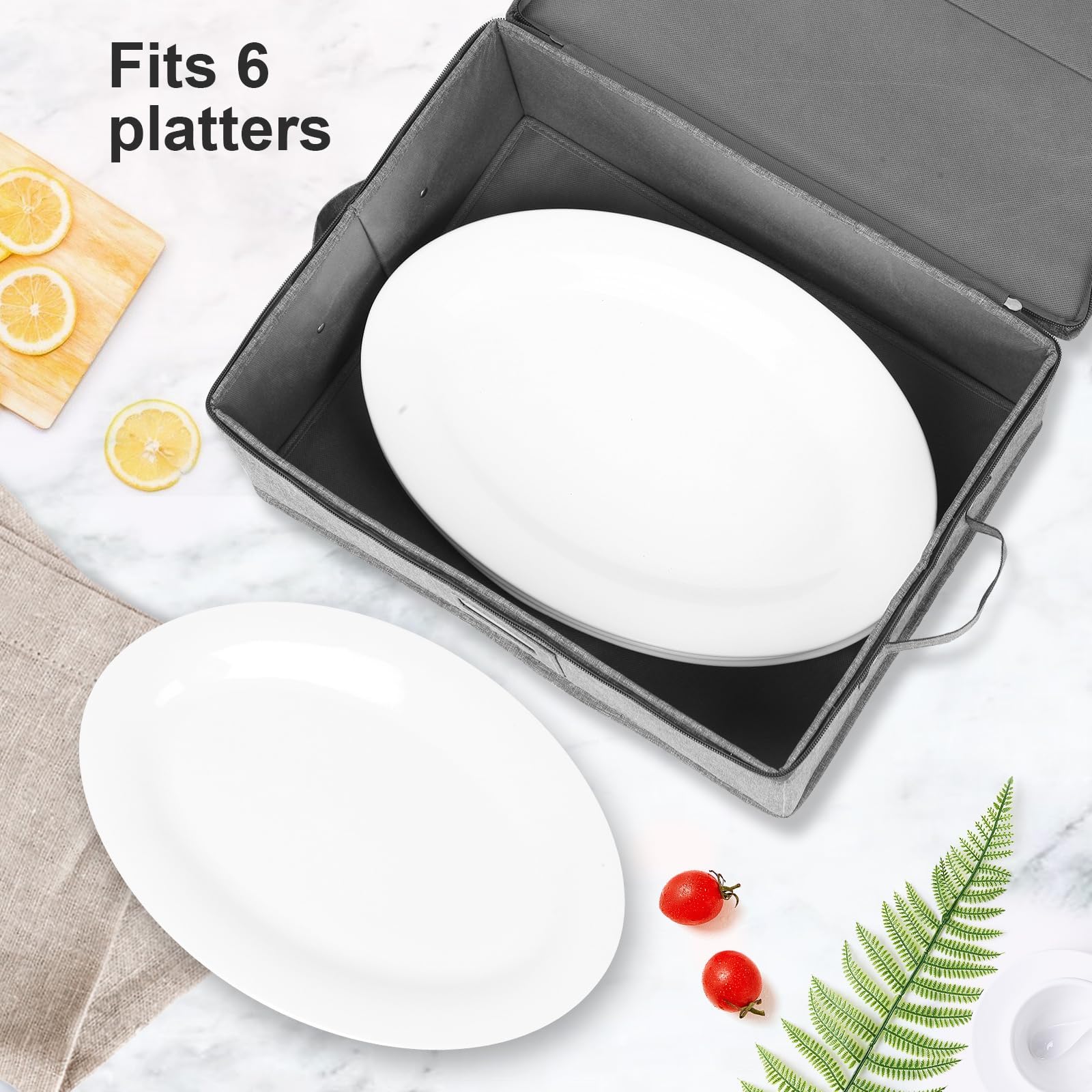 popoly Platter Storage Box, China Storage Case Containers with Lid and Handles, 17x13x6 in, 5 Felt Plate Dividers, Hard Shell and Stackable (Linen Grey)