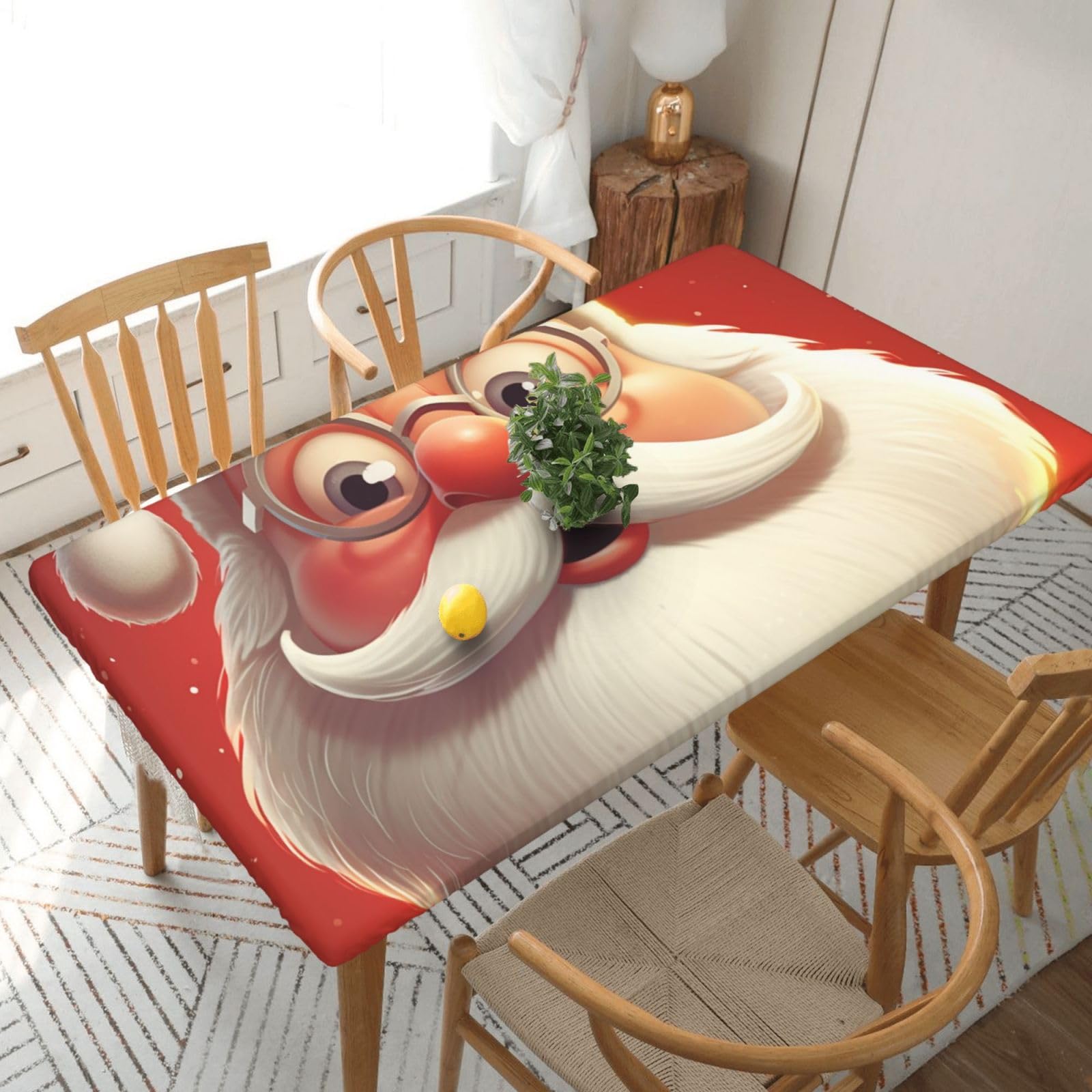 Fodpand Black Santa Claus Wearing Glasses Spandex Fitted Tablecloth For 5 Foot Rectangle Tables,Waterproof Picnic Table Cover Stretch Table Cloth Washable Table Protector For Picnic, Camping, Outdoor